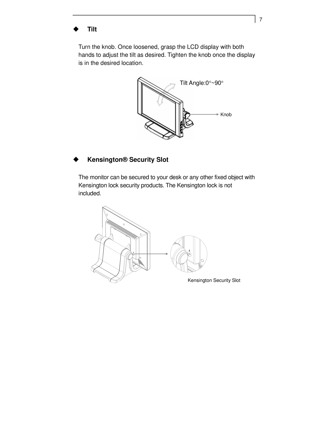 Planar PT1520MU manual ‹ Tilt, ‹ Kensington Security Slot 