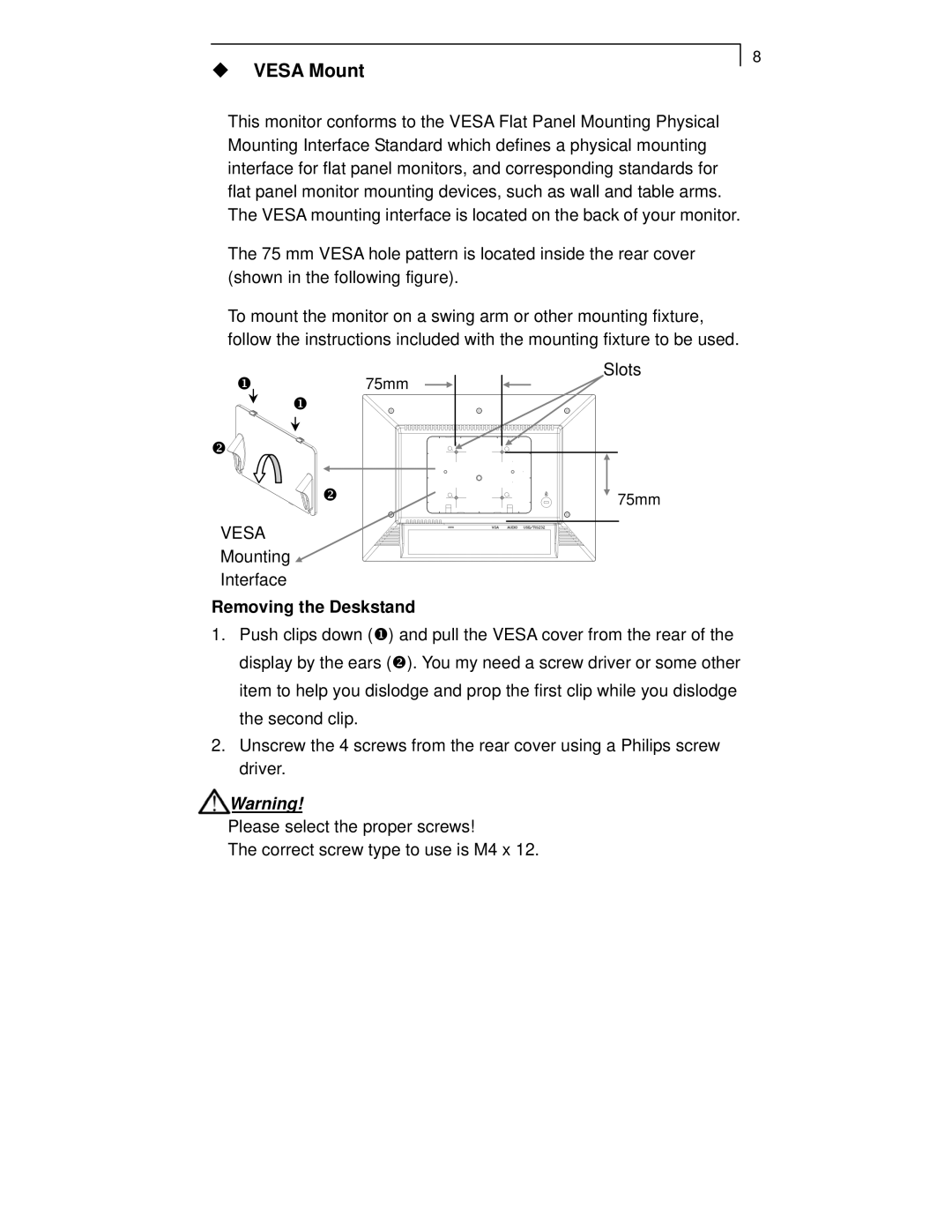 Planar PT1520MU manual ‹ Vesa Mount, Removing the Deskstand 