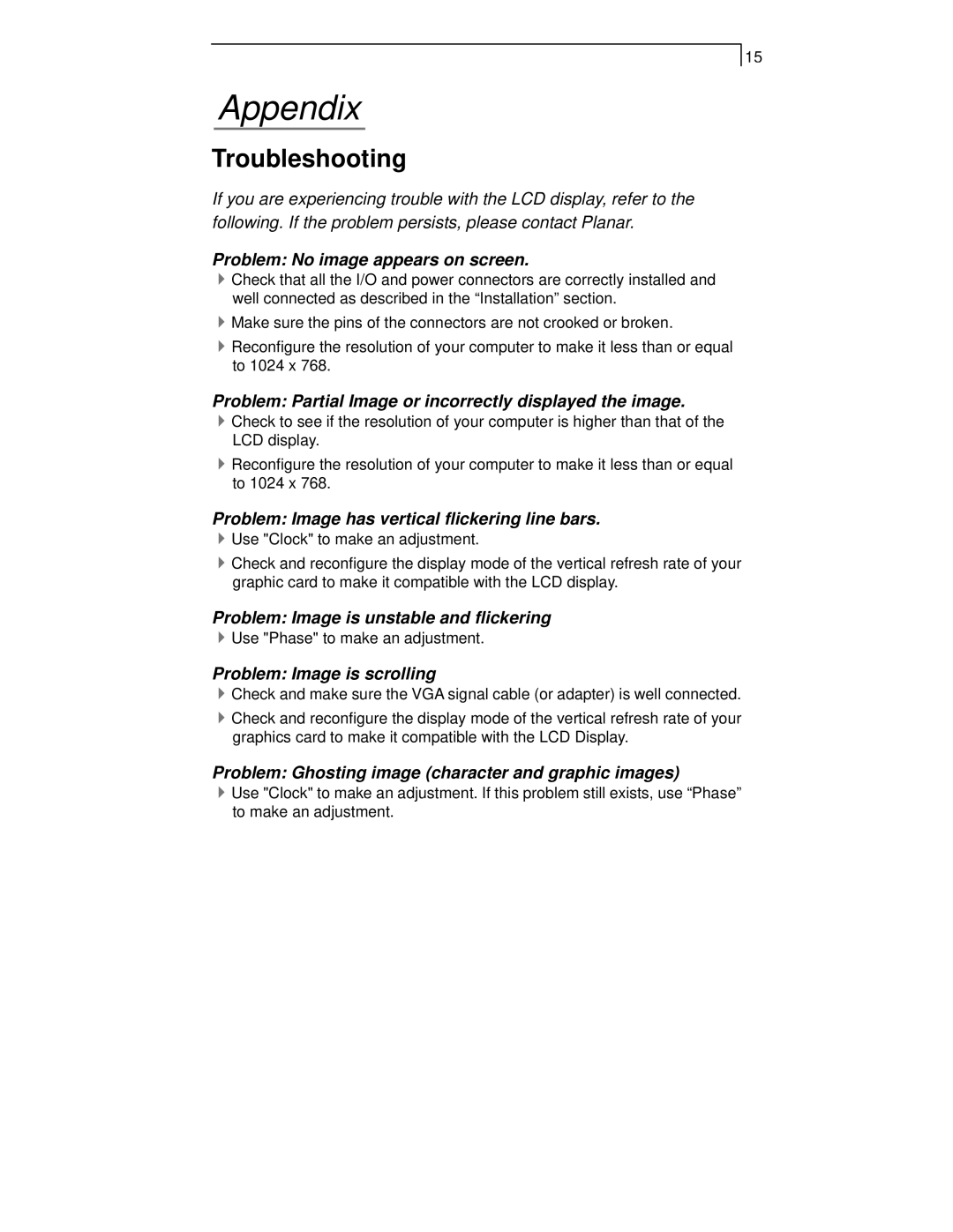 Planar PT1520MU manual Appendix, Troubleshooting 