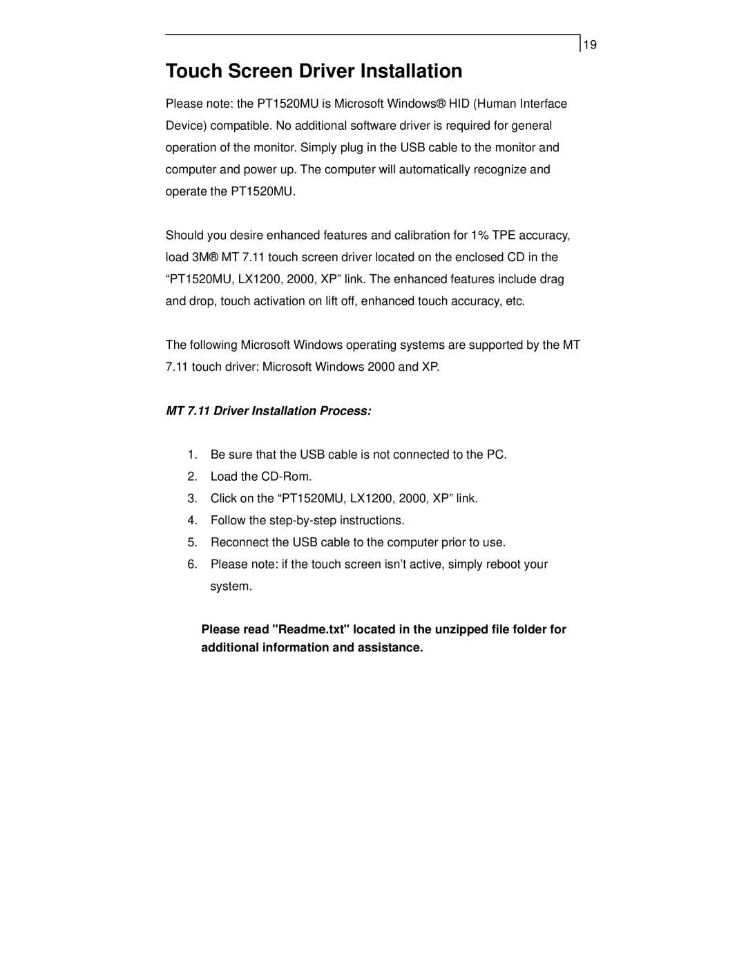 Planar PT1520MU manual Touch Screen Driver Installation, MT 7.11 Driver Installation Process 