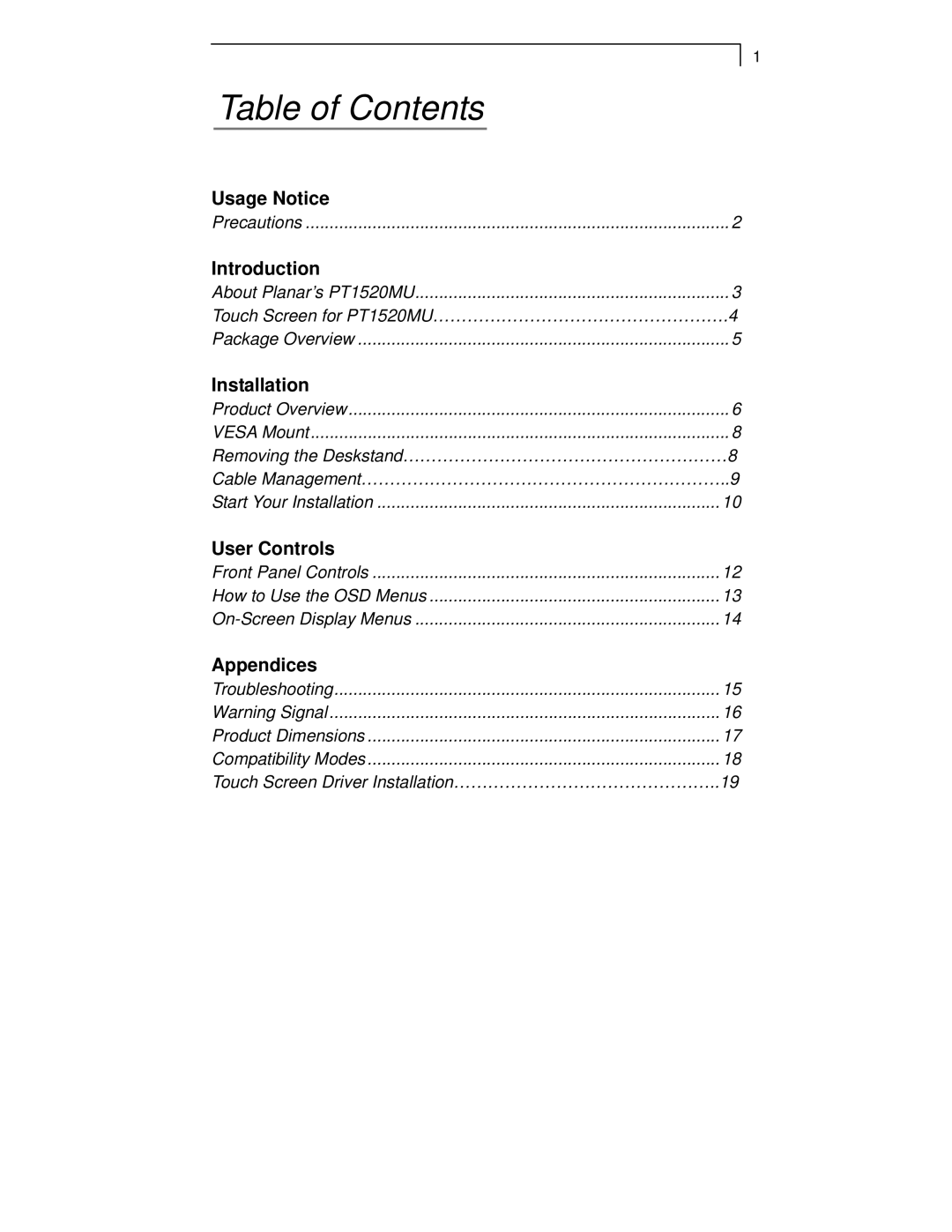 Planar PT1520MU manual Table of Contents 