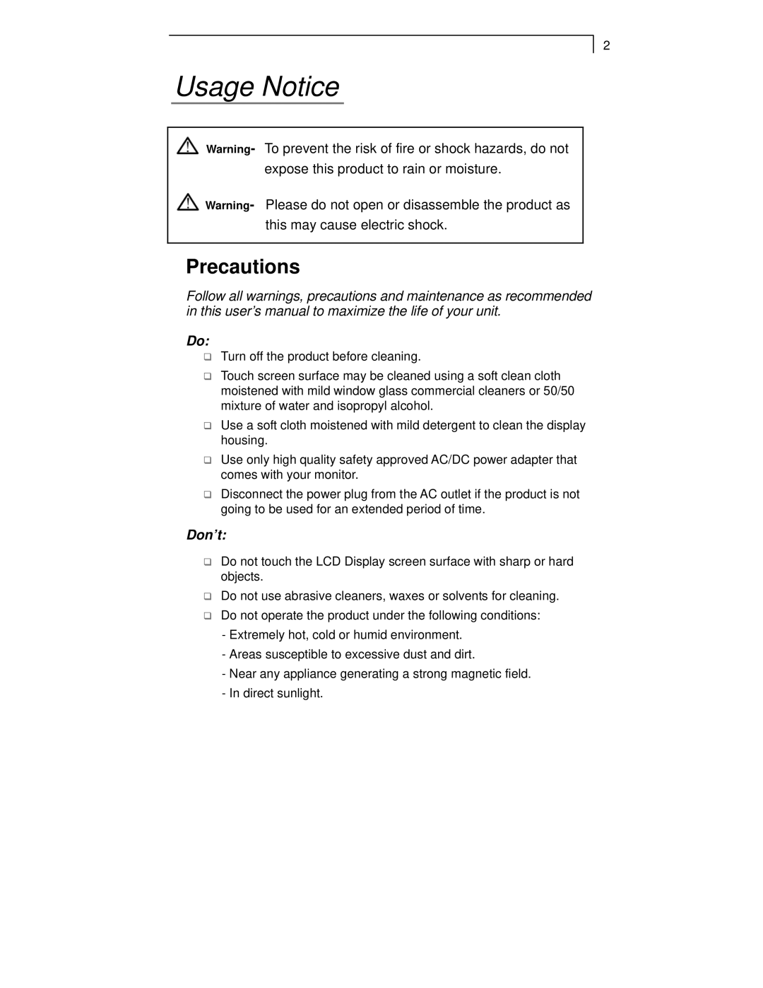 Planar PT1520MU manual Usage Notice, Precautions 