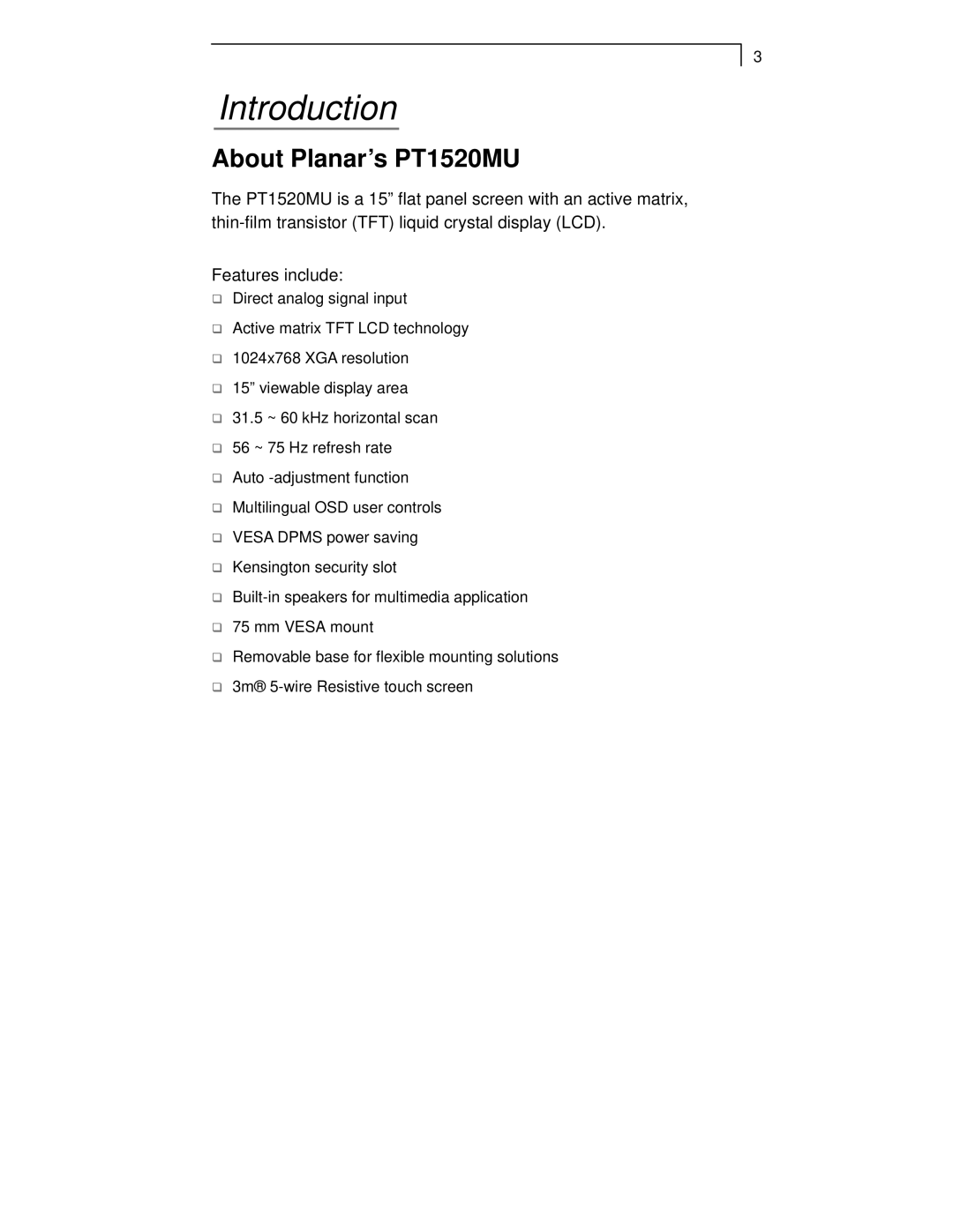 Planar manual Introduction, About Planar’s PT1520MU 