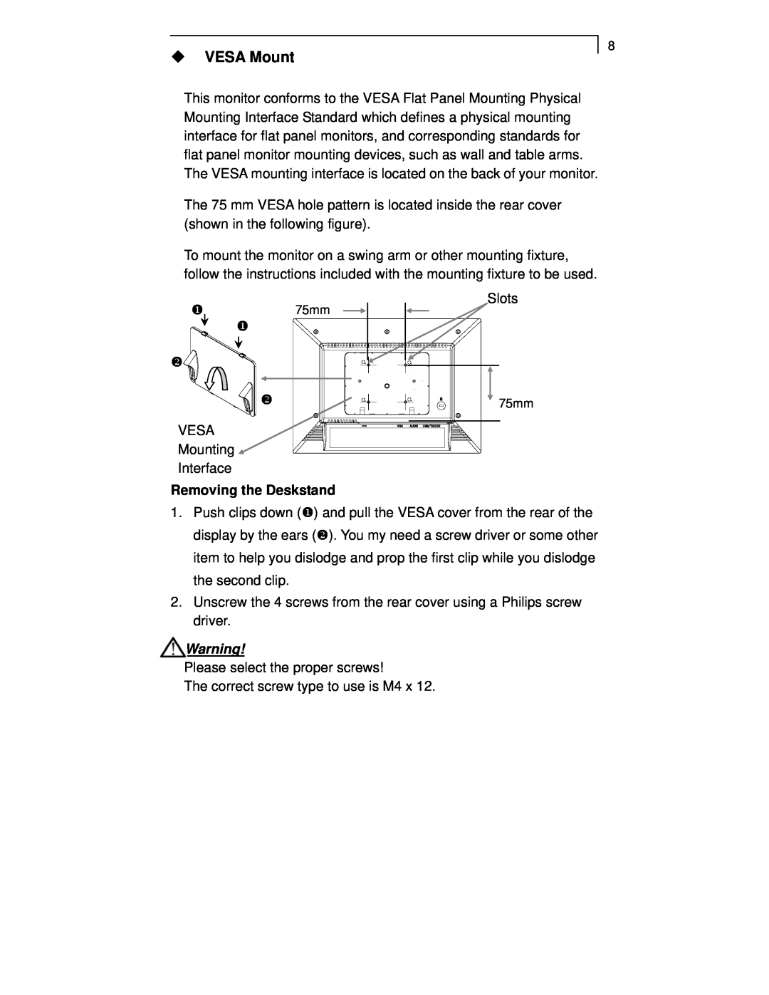 Planar PT1520MU manual ‹ VESA Mount, Removing the Deskstand 