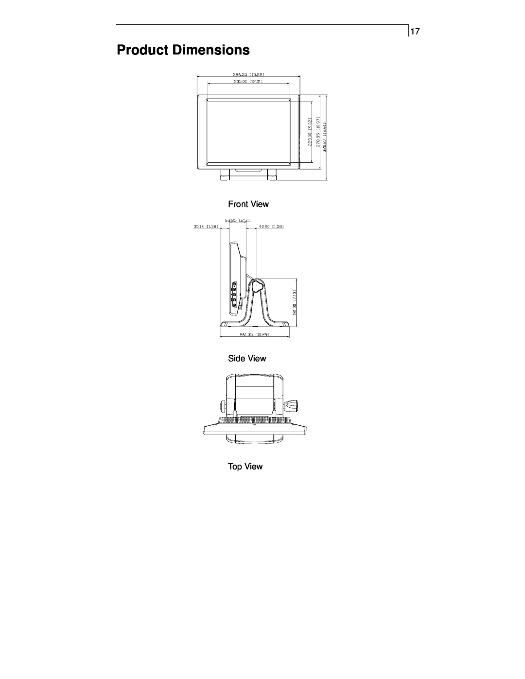 Planar PT1520MU manual Product Dimensions, Front View Side View Top View 