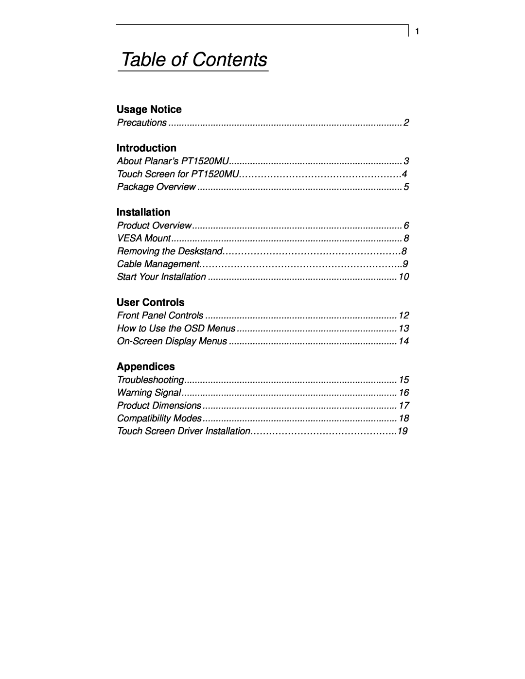 Planar PT1520MU manual Table of Contents, Usage Notice, Introduction, Installation, User Controls, Appendices 