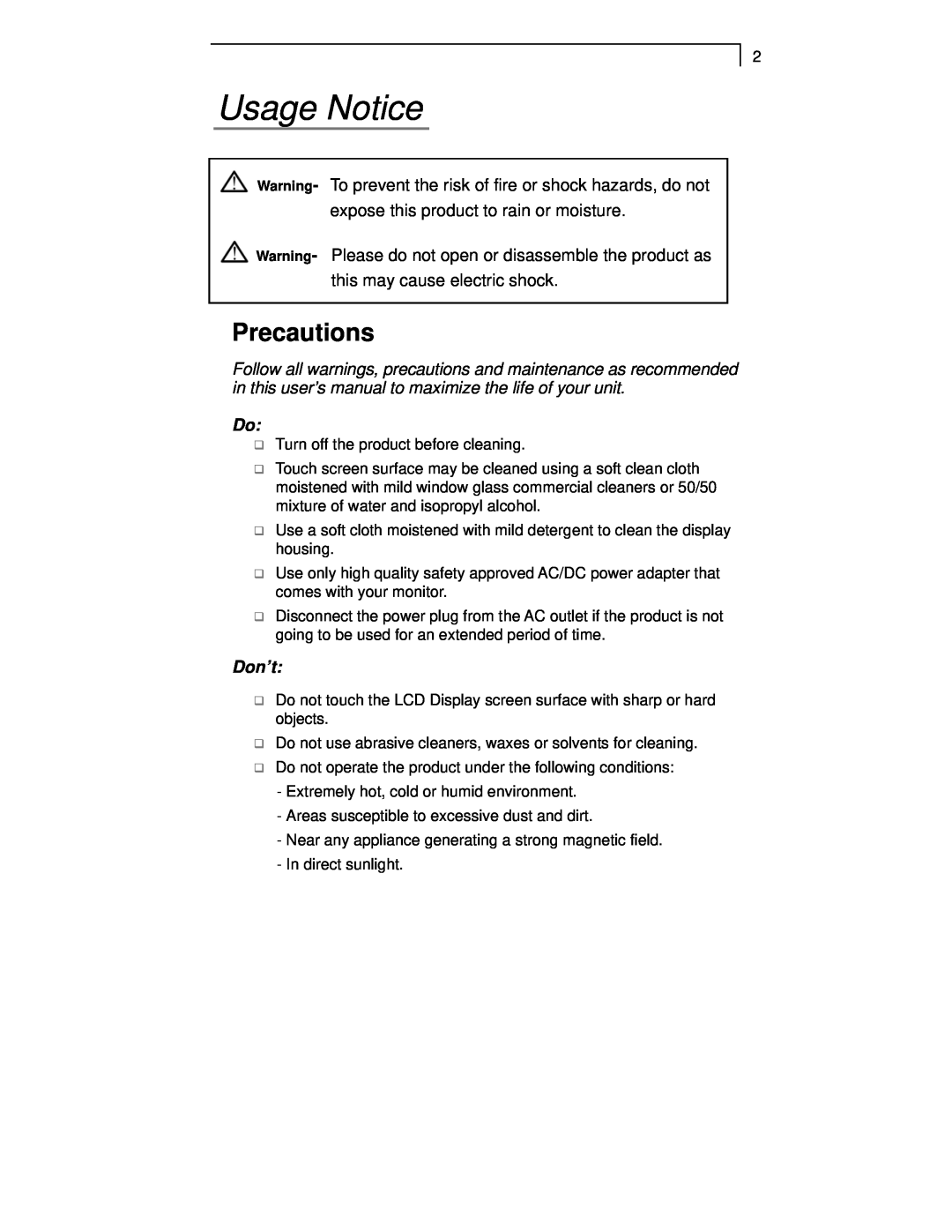 Planar PT1520MU manual Usage Notice, Precautions, Don’t 
