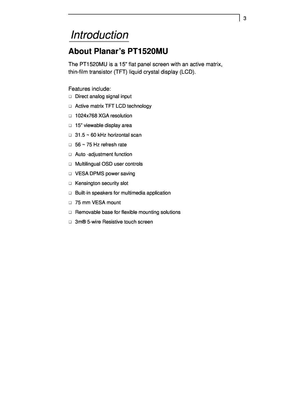 Planar manual Introduction, About Planar’s PT1520MU 