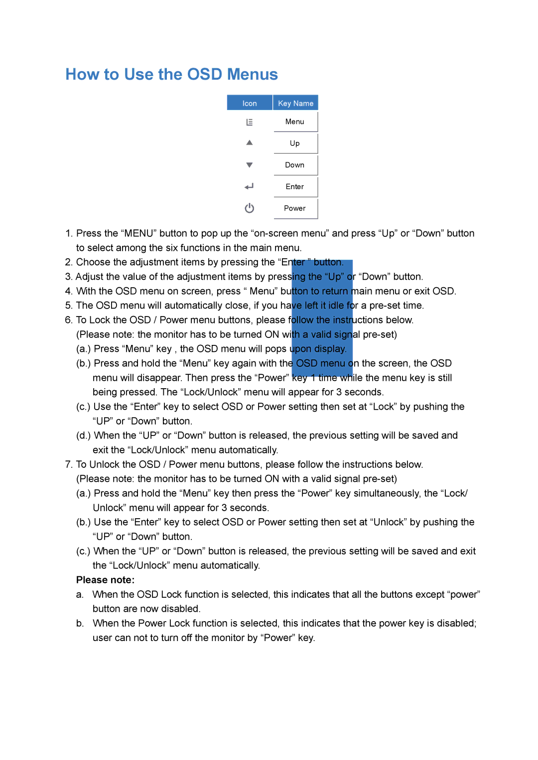 Planar PT1545R manual How to Use the OSD Menus, Please note 