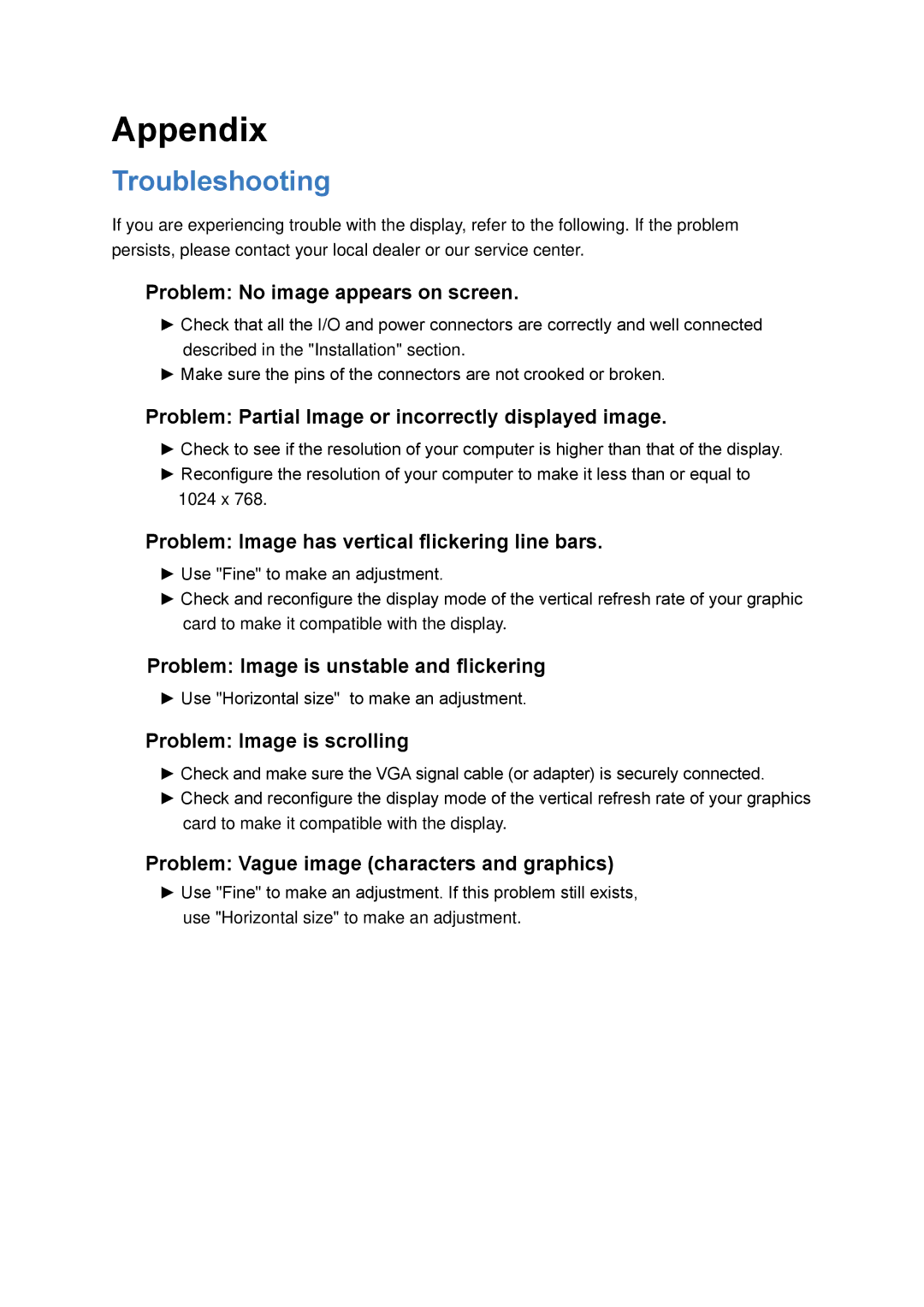 Planar PT1545R manual Appendix, Troubleshooting 