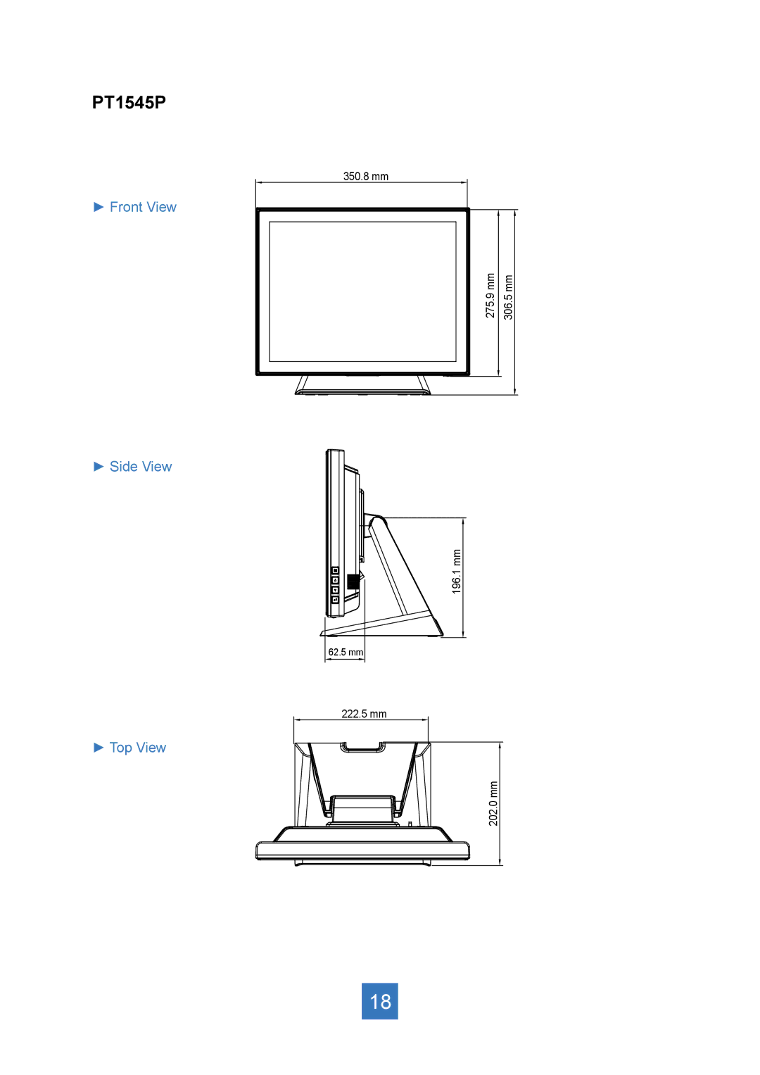 Planar PT1545R manual Front View Side View Top View 