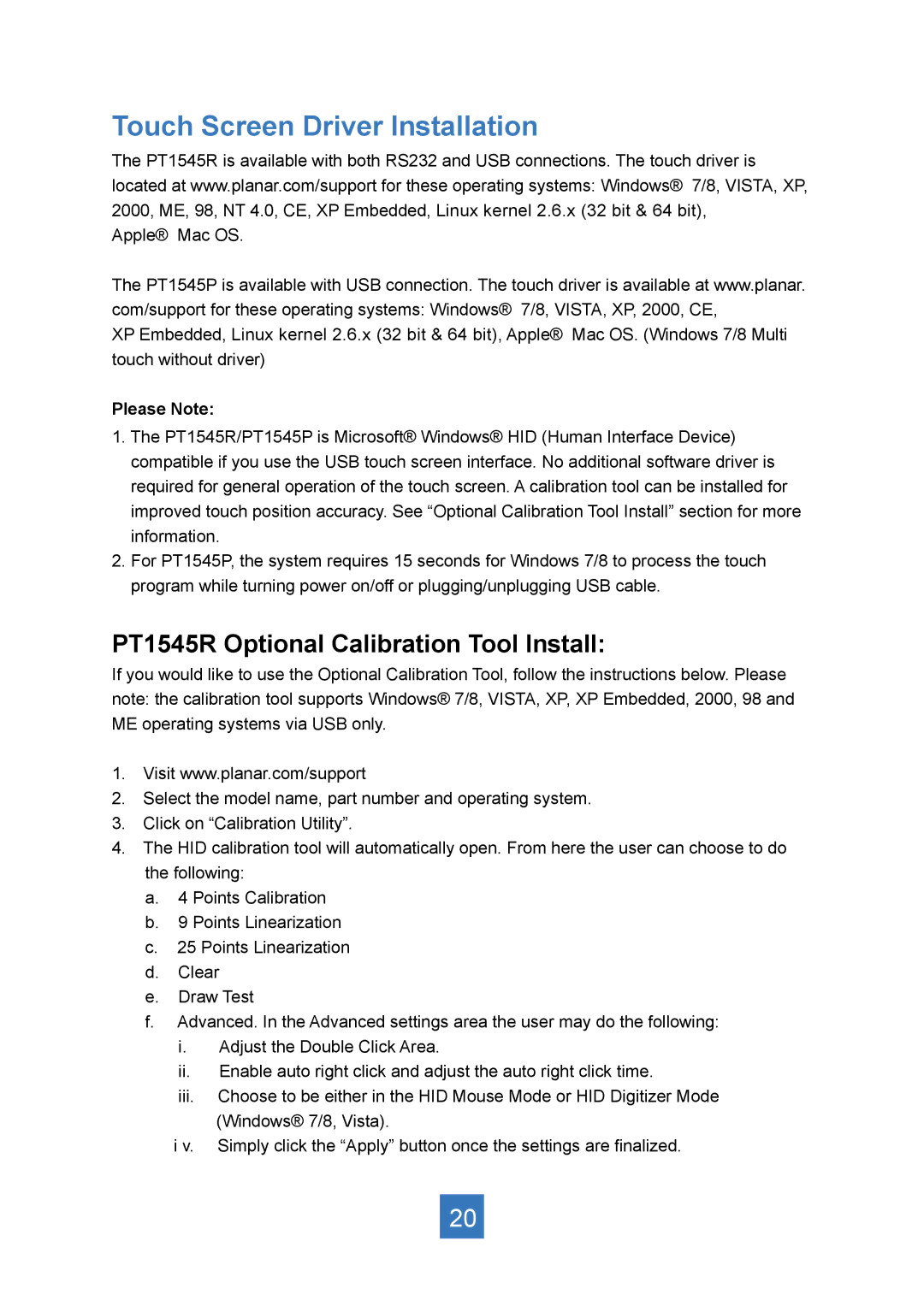 Planar manual Touch Screen Driver Installation, PT1545R Optional Calibration Tool Install 