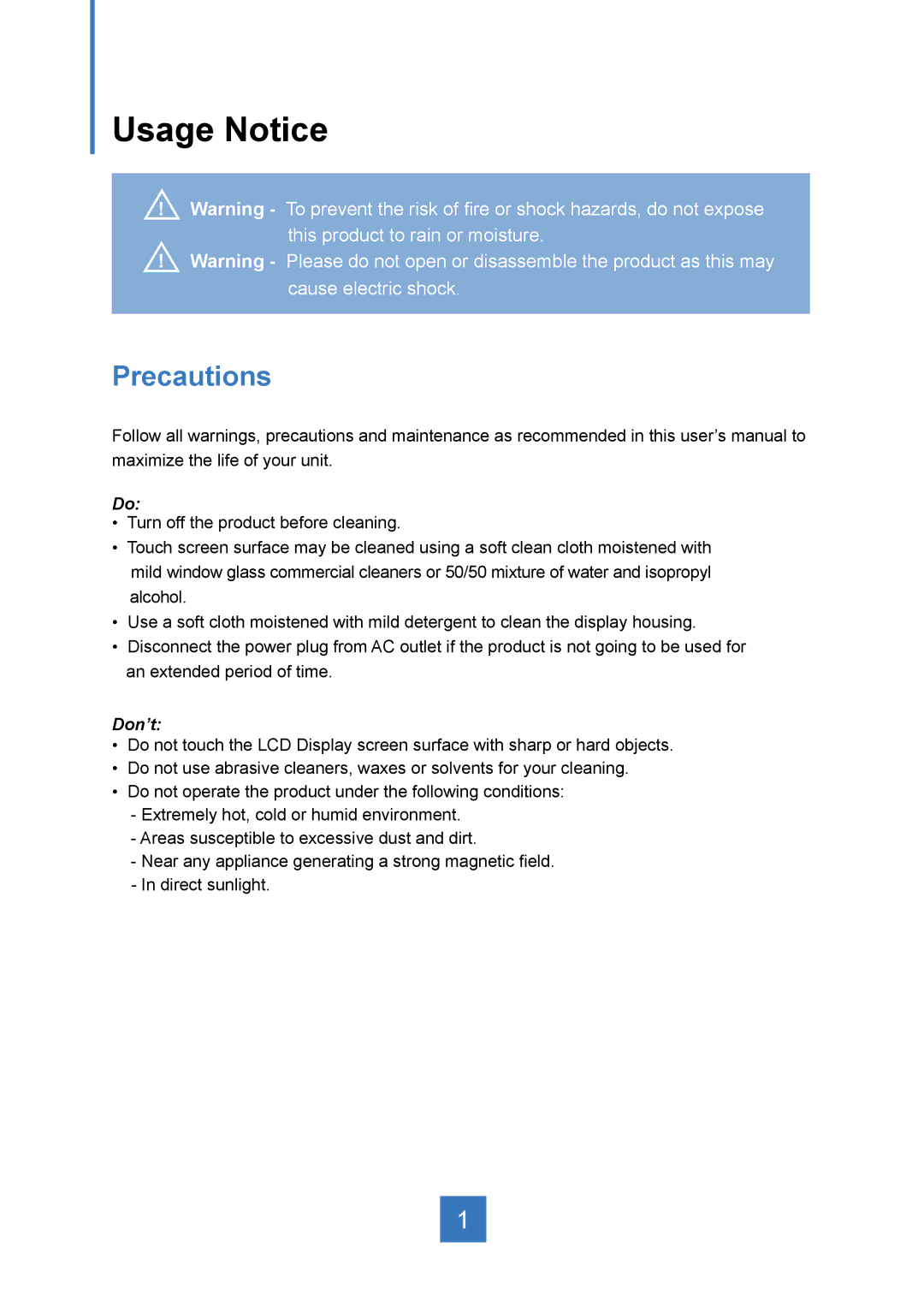 Planar PT1545R manual Usage Notice, Precautions 