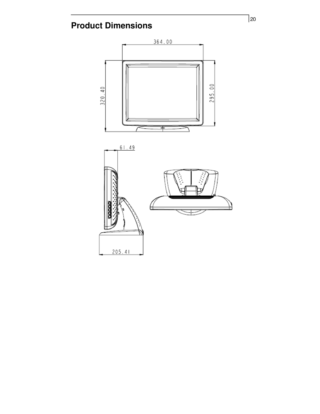 Planar PT1505MU, PT1555MU, PT1501MX, PT1550MX, PT1500MX manual Product Dimensions 