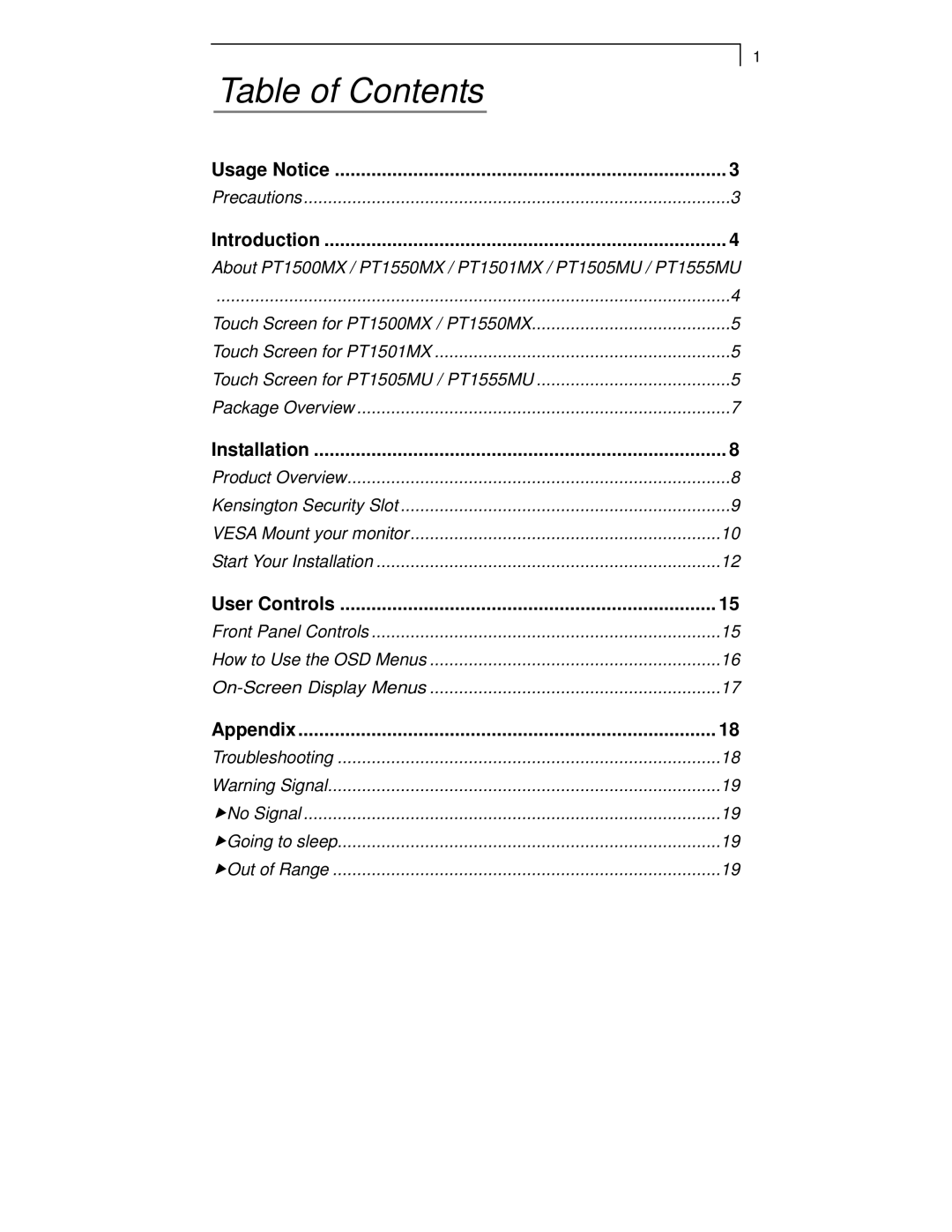 Planar PT1550MX, PT1555MU, PT1501MX, PT1505MU, PT1500MX manual Table of Contents 