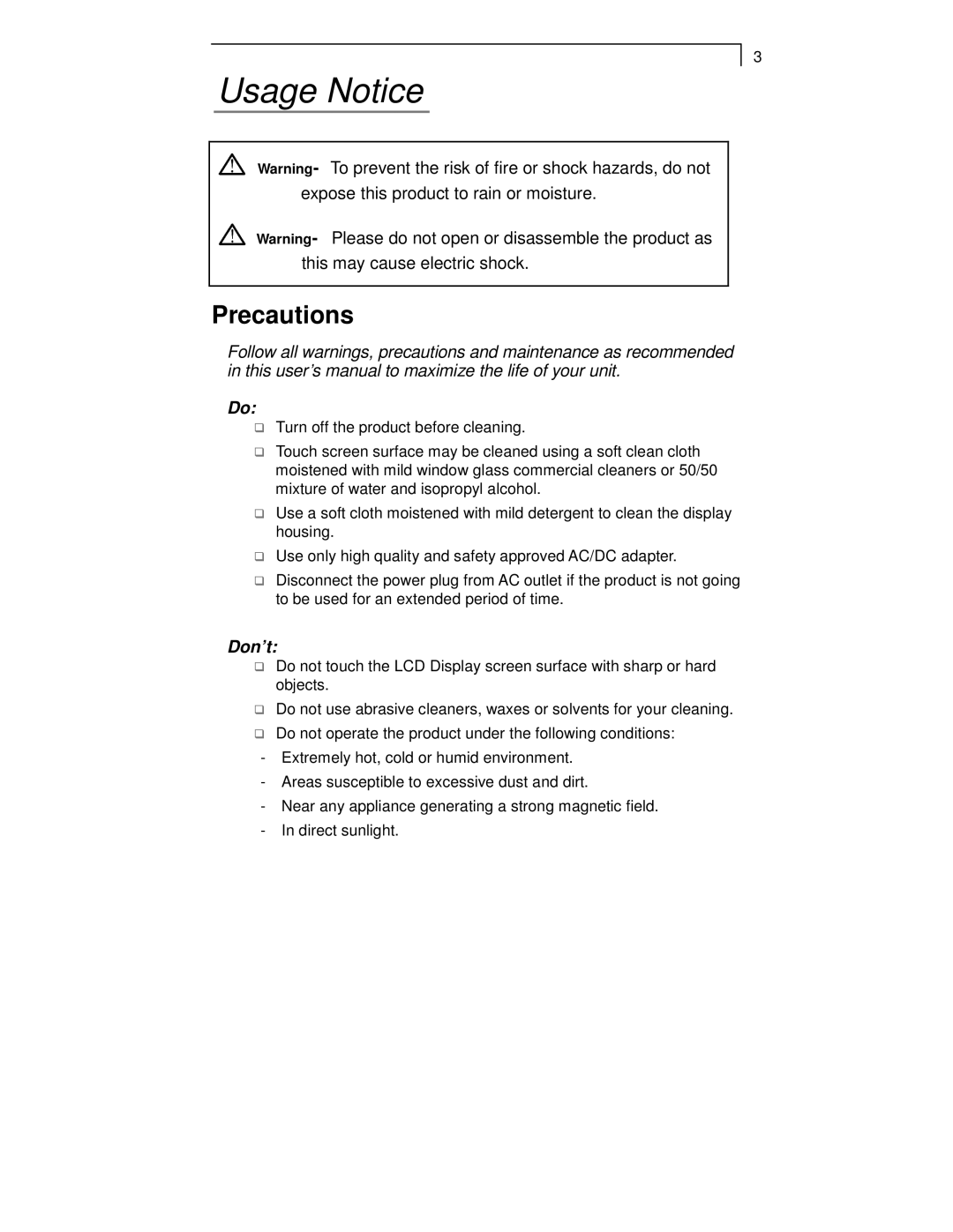 Planar PT1555MU, PT1501MX, PT1505MU, PT1550MX, PT1500MX manual Usage Notice, Precautions 