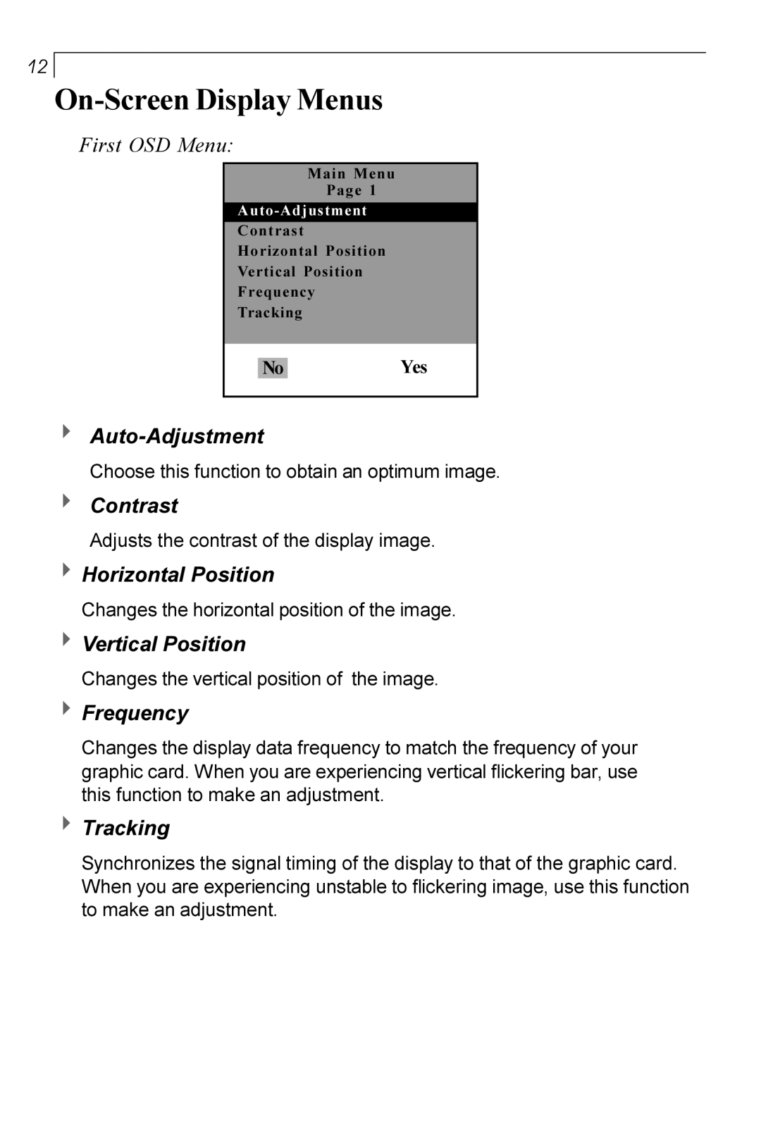 Planar PT170 manual On-Screen Display Menus 