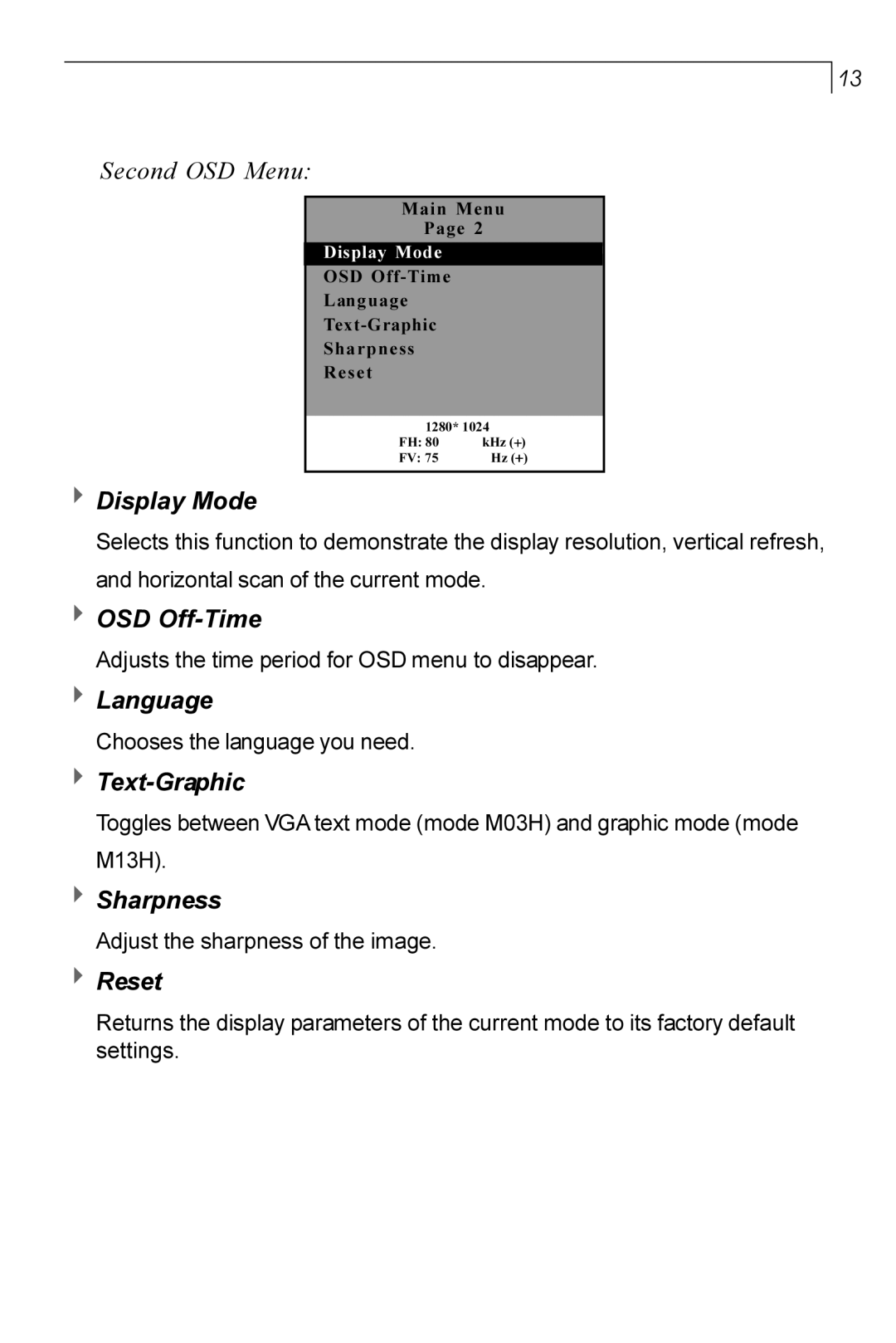 Planar PT170 manual Second OSD Menu, 4Display Mode, OSD Off-Time, Language, Text-Graphic, Sharpness, Reset 