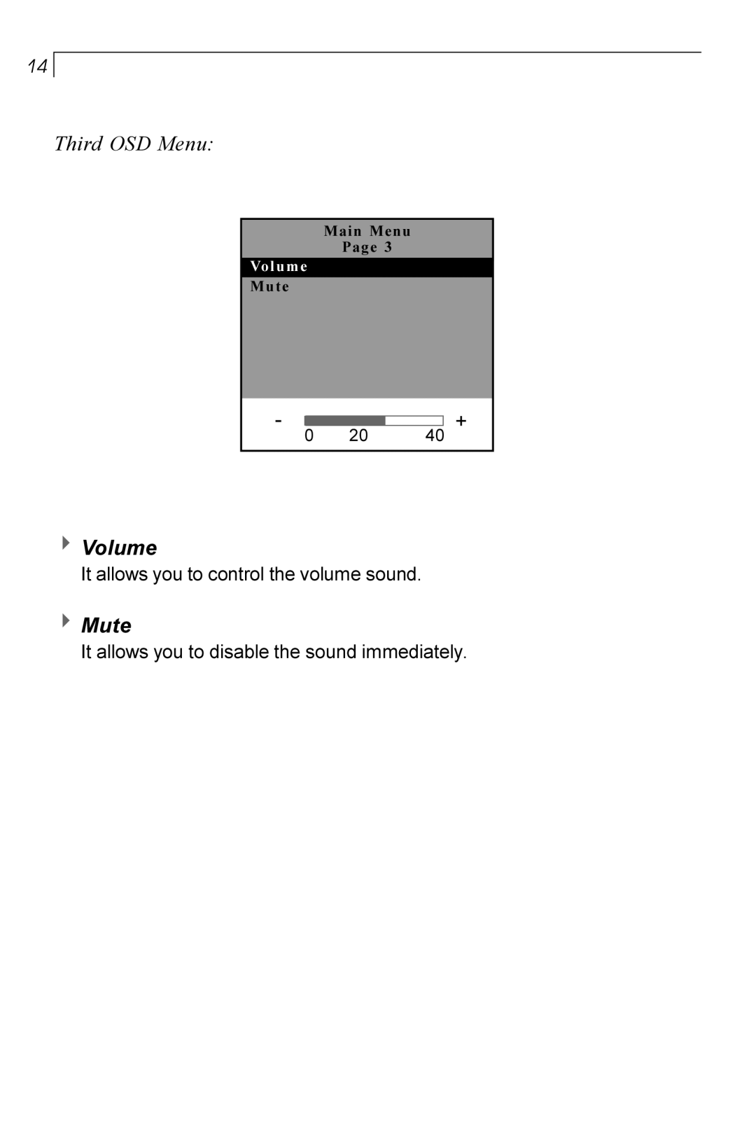 Planar PT170 manual Third OSD Menu, Volume, Mute 