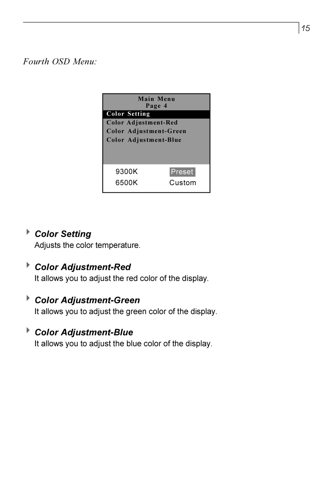 Planar PT170 manual Fourth OSD Menu, 4Color Setting, Color Adjustment-Red, Color Adjustment-Green, Color Adjustment-Blue 