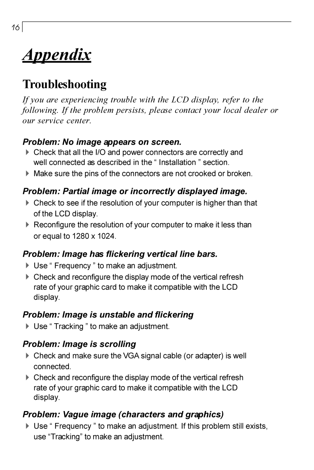 Planar PT170 manual Appendix, Troubleshooting 