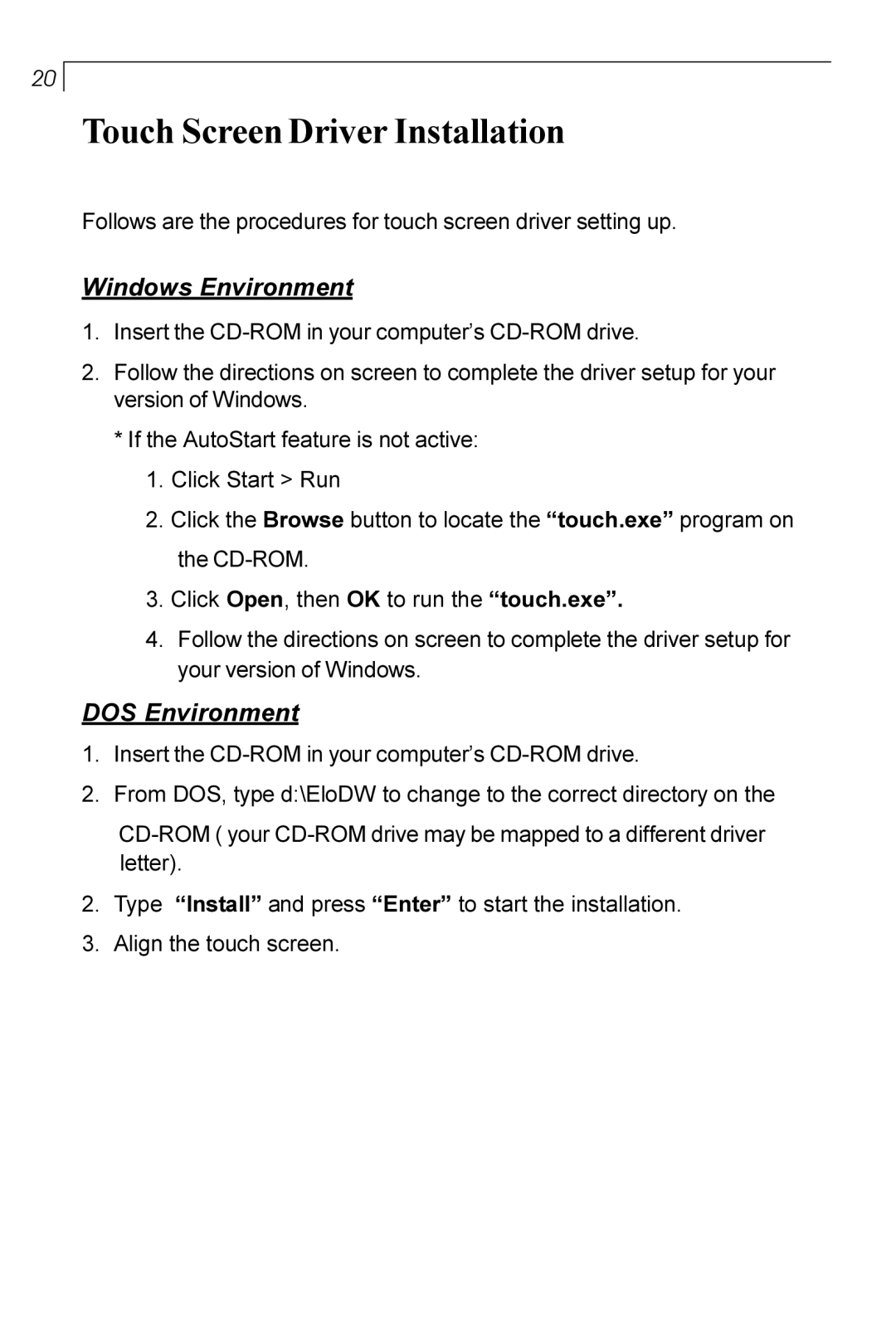 Planar PT170 manual Touch ScreenDriver Installation, Windows Environment, DOS Environment 