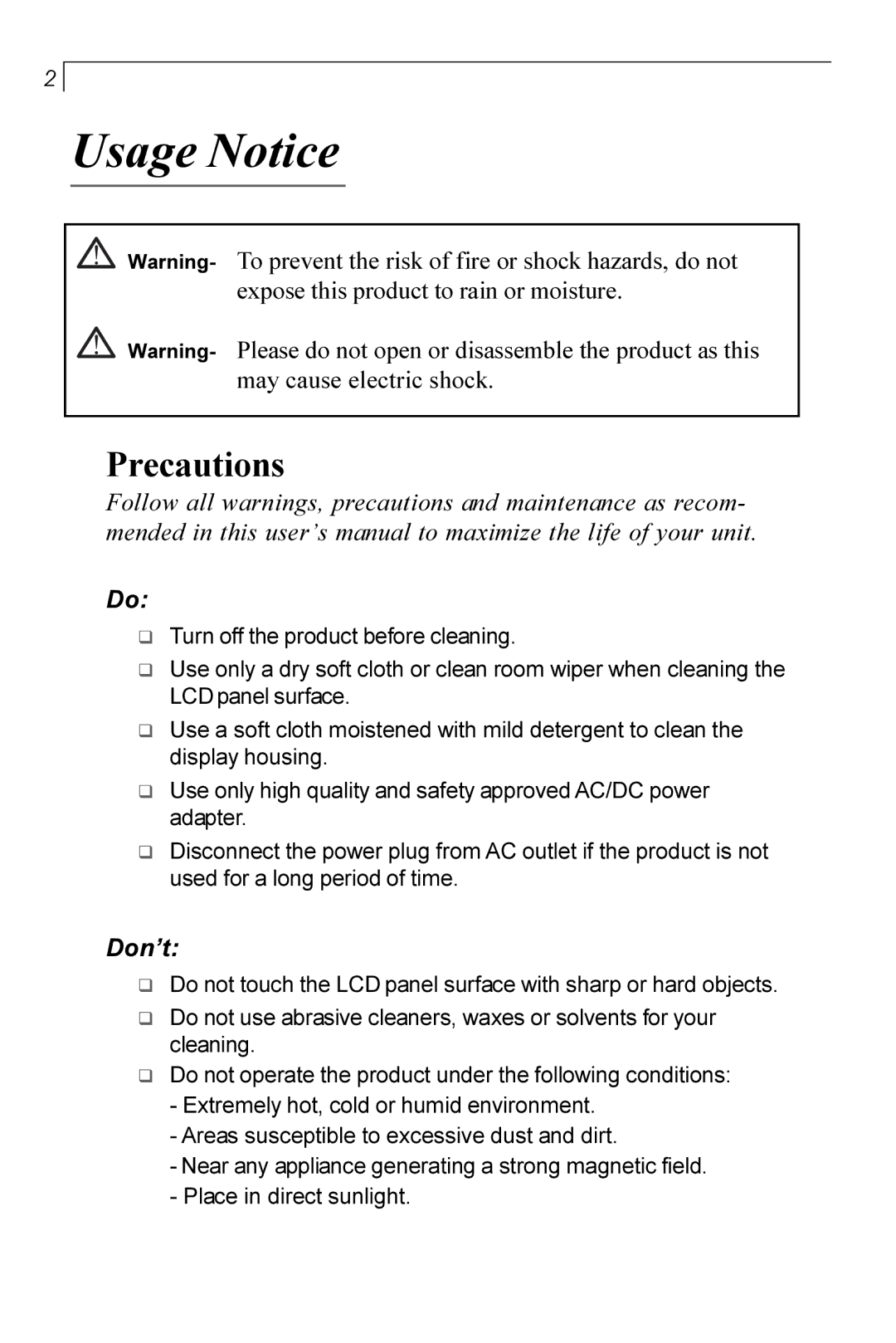 Planar PT170 manual Usage Notice, Precautions, Don’t 