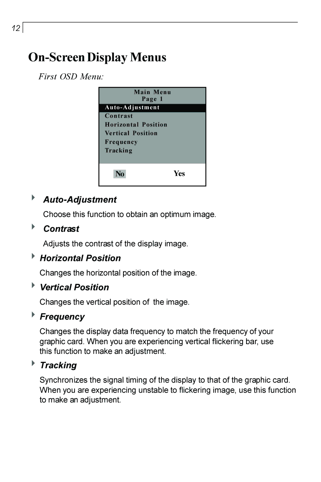 Planar PT170 manual On-ScreenDisplay Menus 