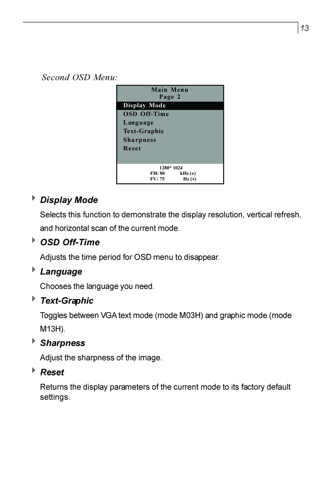 Planar PT170 manual Second OSD Menu, 4Display Mode, OSD Off-Time, Language, Text-Graphic, Sharpness, Reset 