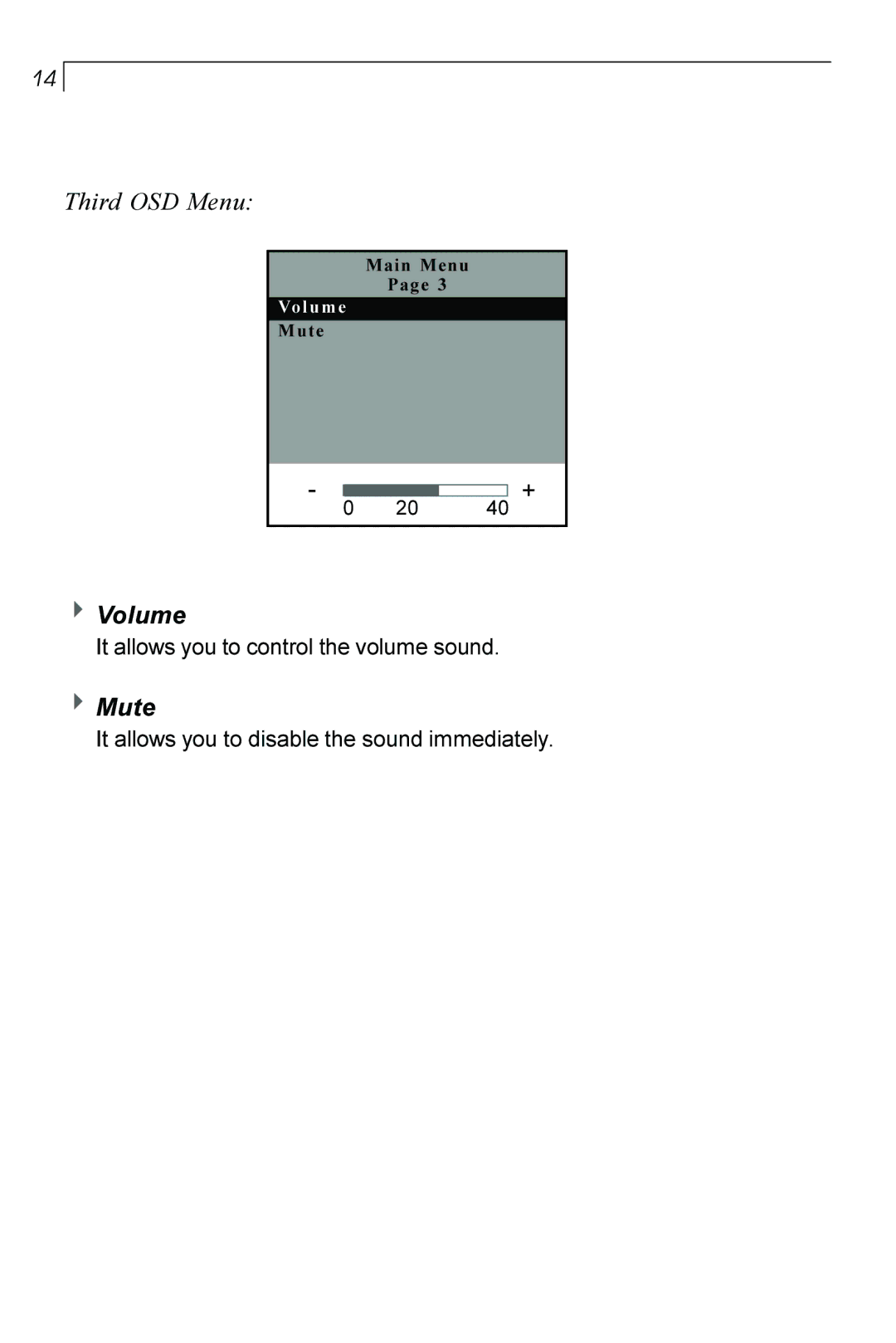 Planar PT170 manual Third OSD Menu, Volume, Mute 