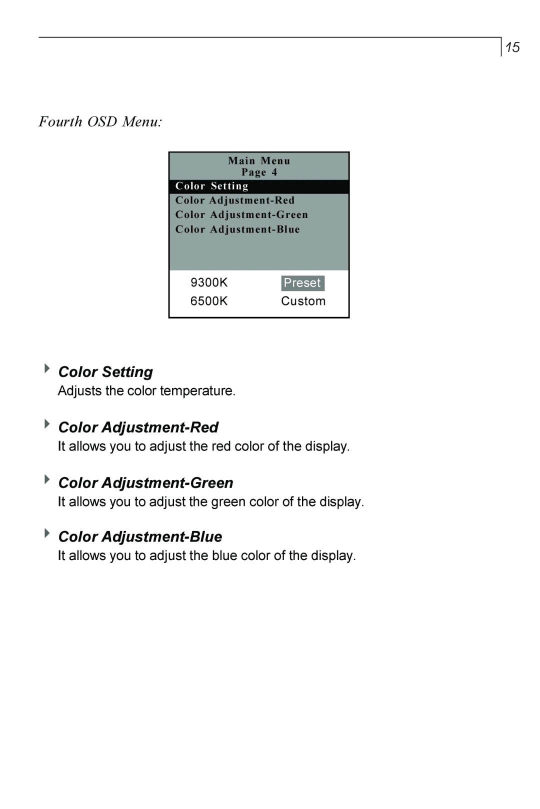 Planar PT170 manual Fourth OSD Menu, 4Color Setting, Color Adjustment-Red, Color Adjustment-Green, Color Adjustment-Blue 