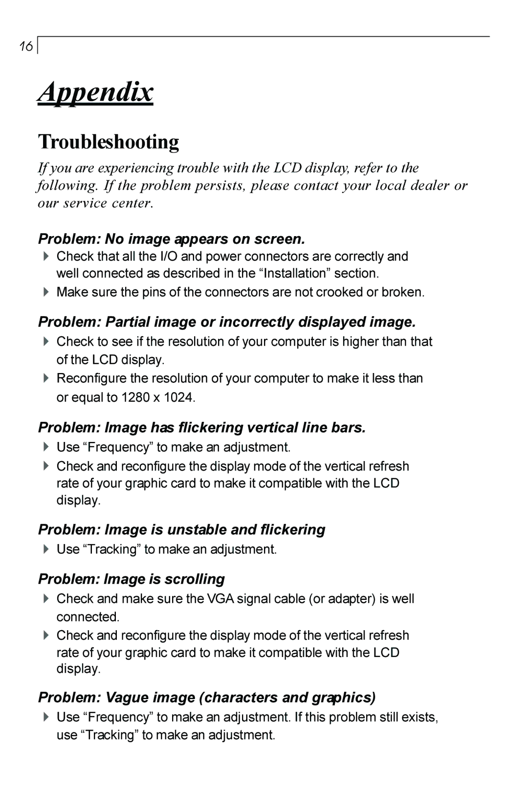 Planar PT170 manual Appendix, Troubleshooting 