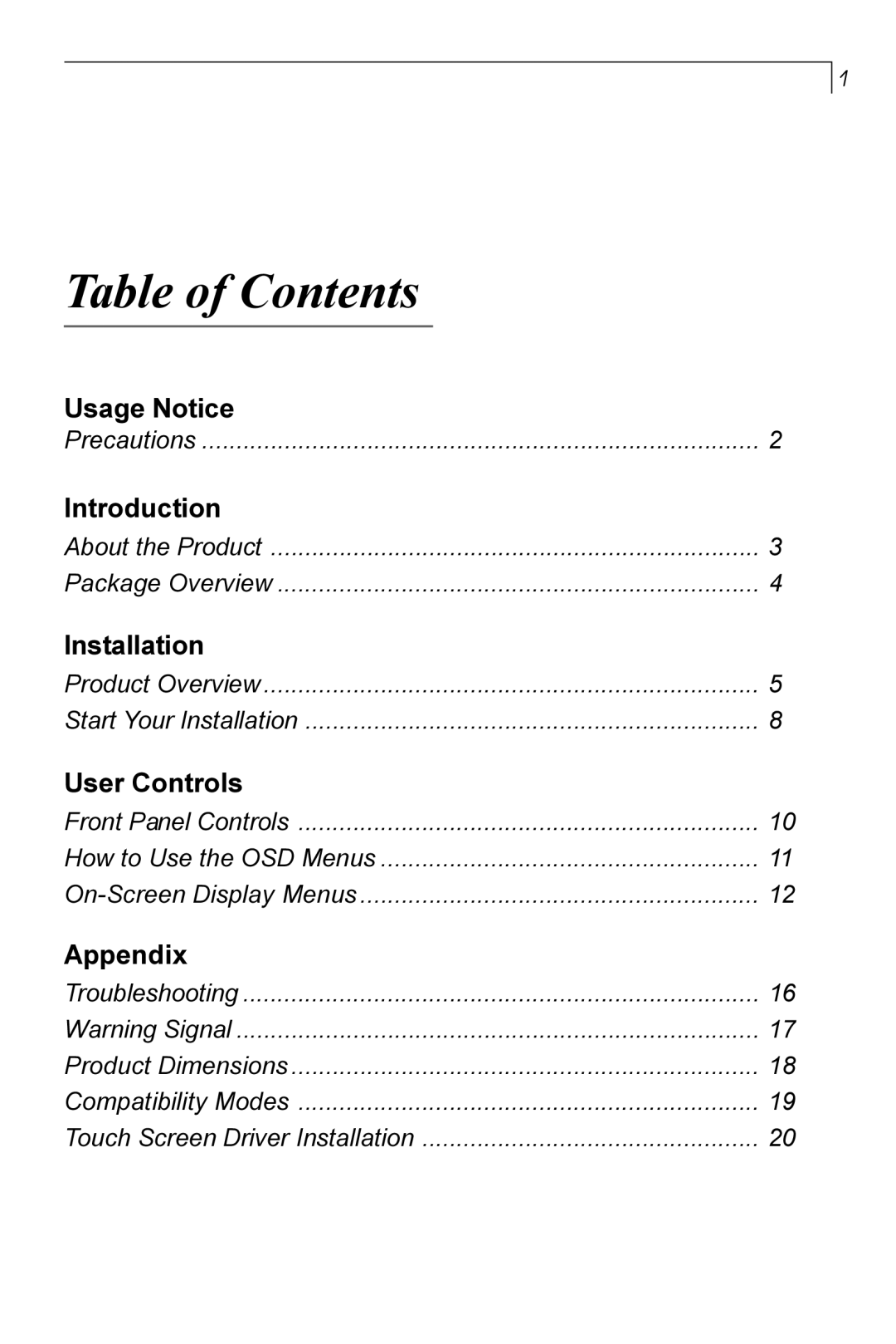 Planar PT170 manual Table of Contents 