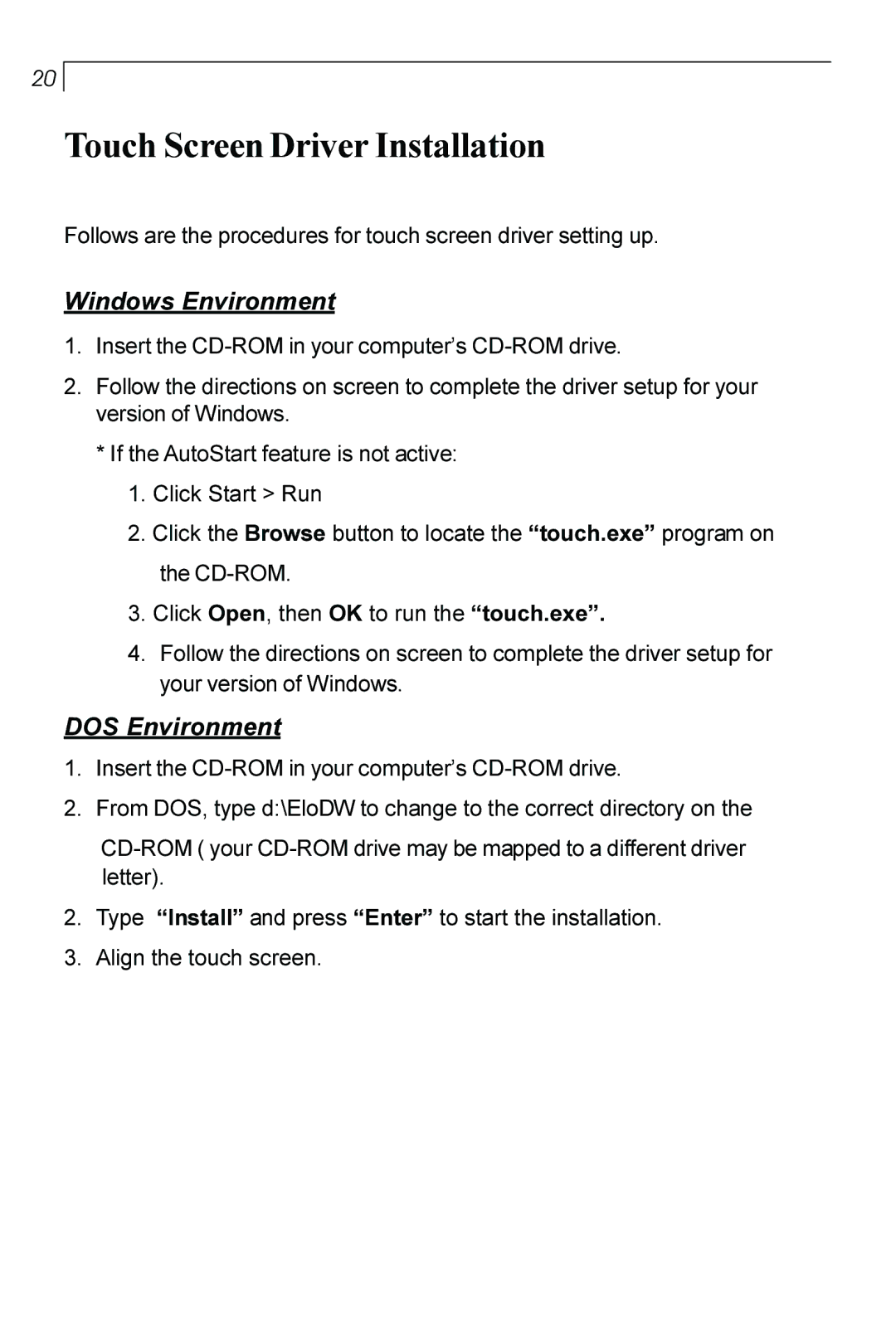 Planar PT170 manual Touch ScreenDriver Installation, Windows Environment, DOS Environment 