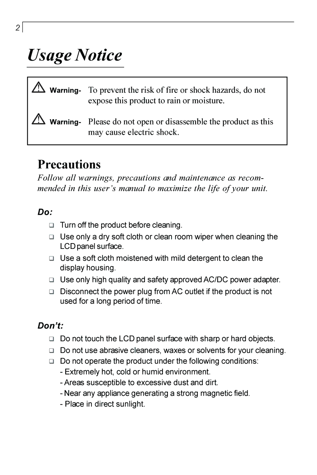 Planar PT170 manual Usage Notice, Precautions, Don’t 