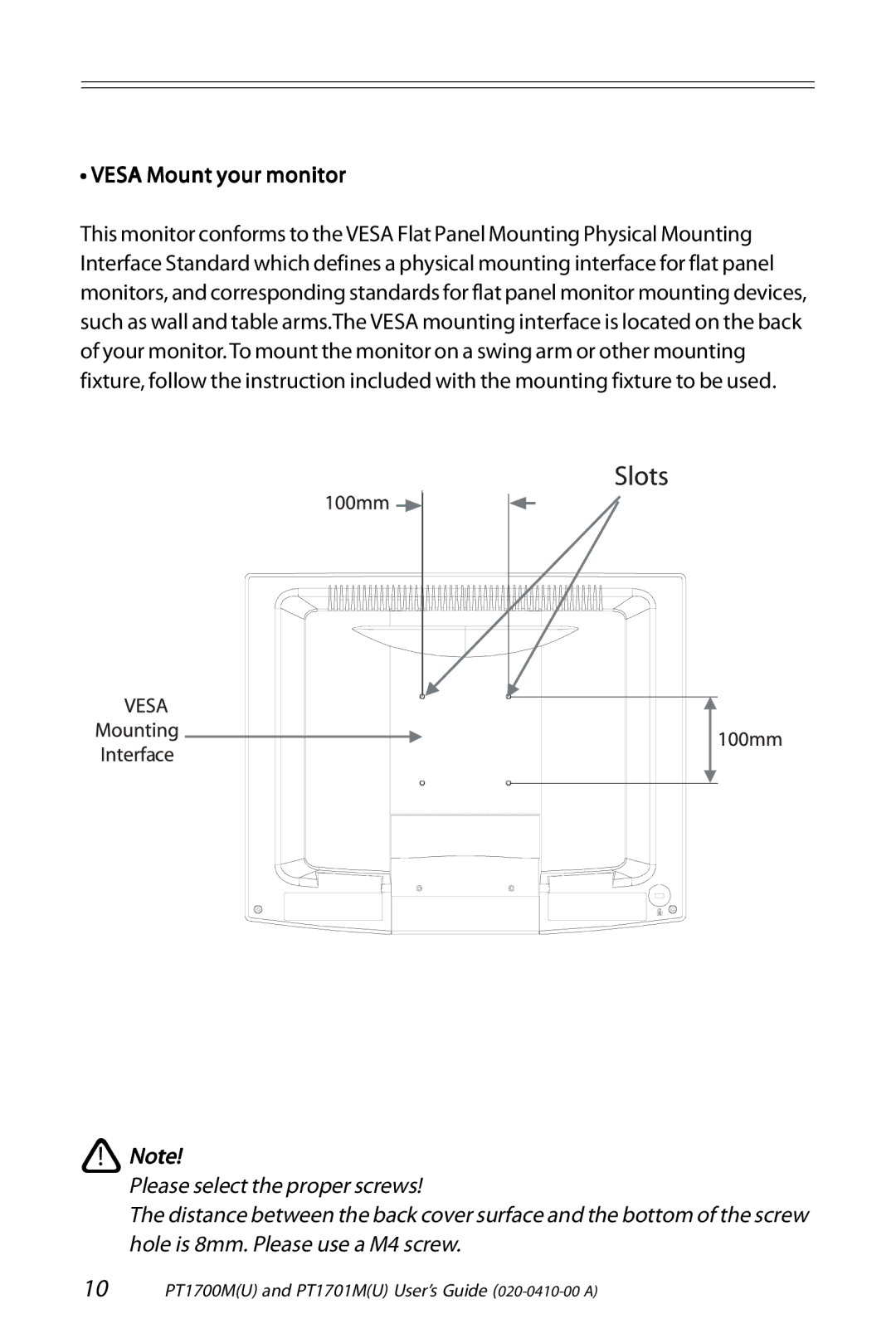 Planar PT1700M (U), PT1701M (U) manual Vesa Mount your monitor 