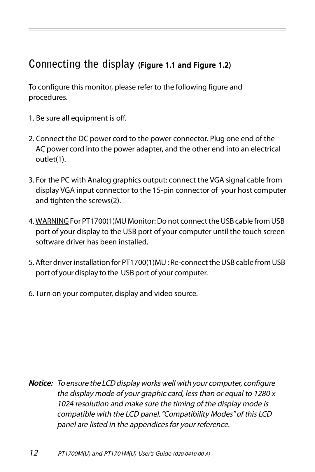 Planar PT1700M (U), PT1701M (U) manual Connecting the display .1 and Figure 