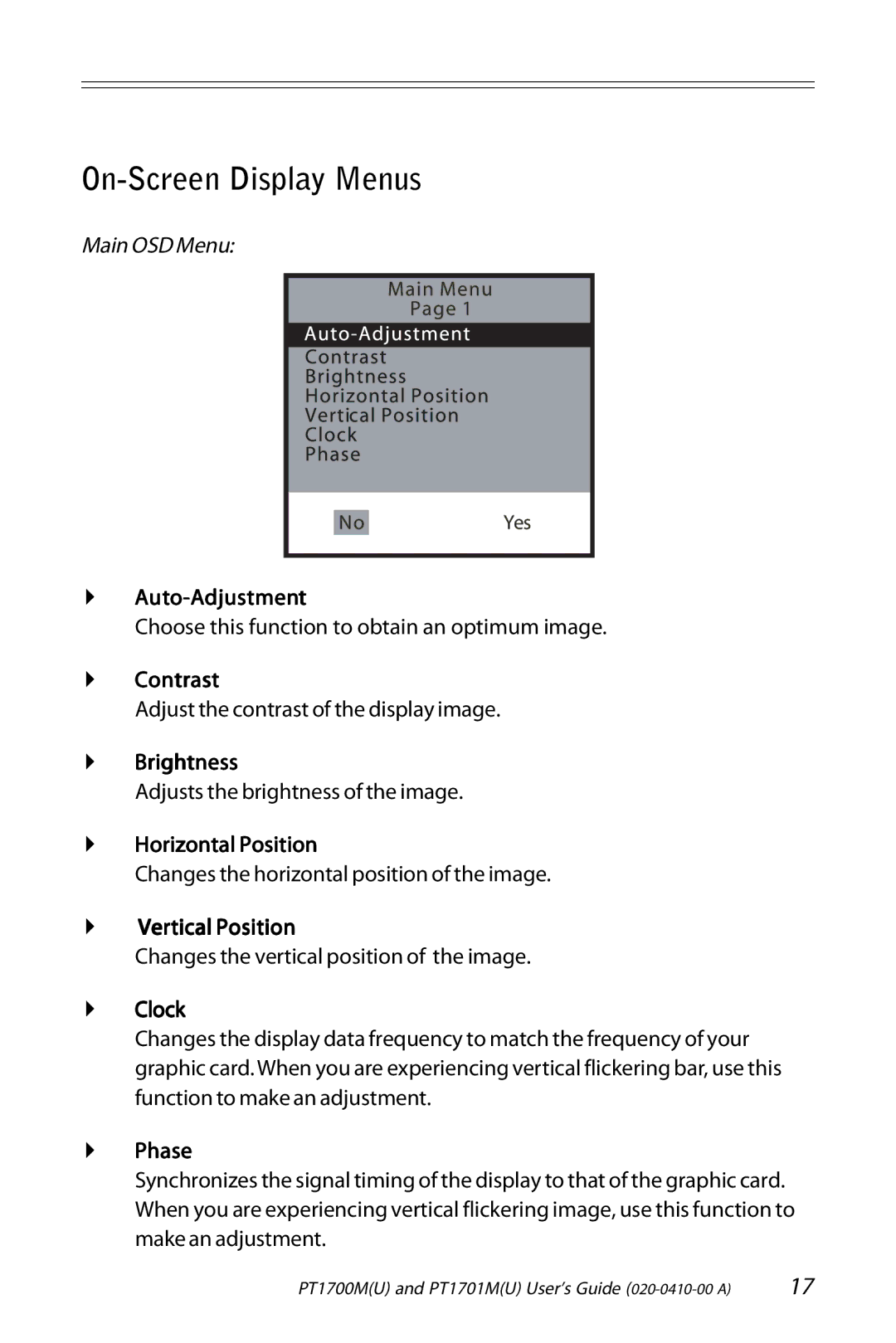 Planar PT1701M (U), PT1700M (U) manual On-Screen Display Menus 