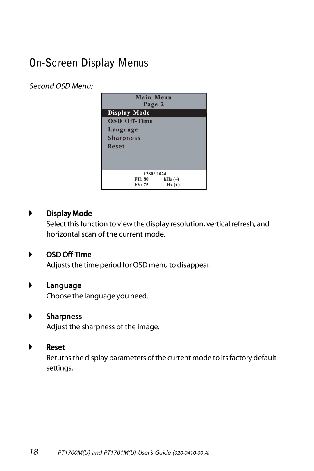 Planar PT1700M (U), PT1701M (U) manual ` Display Mode, ` OSD Off-Time, ` Language, ` Sharpness, ` Reset 