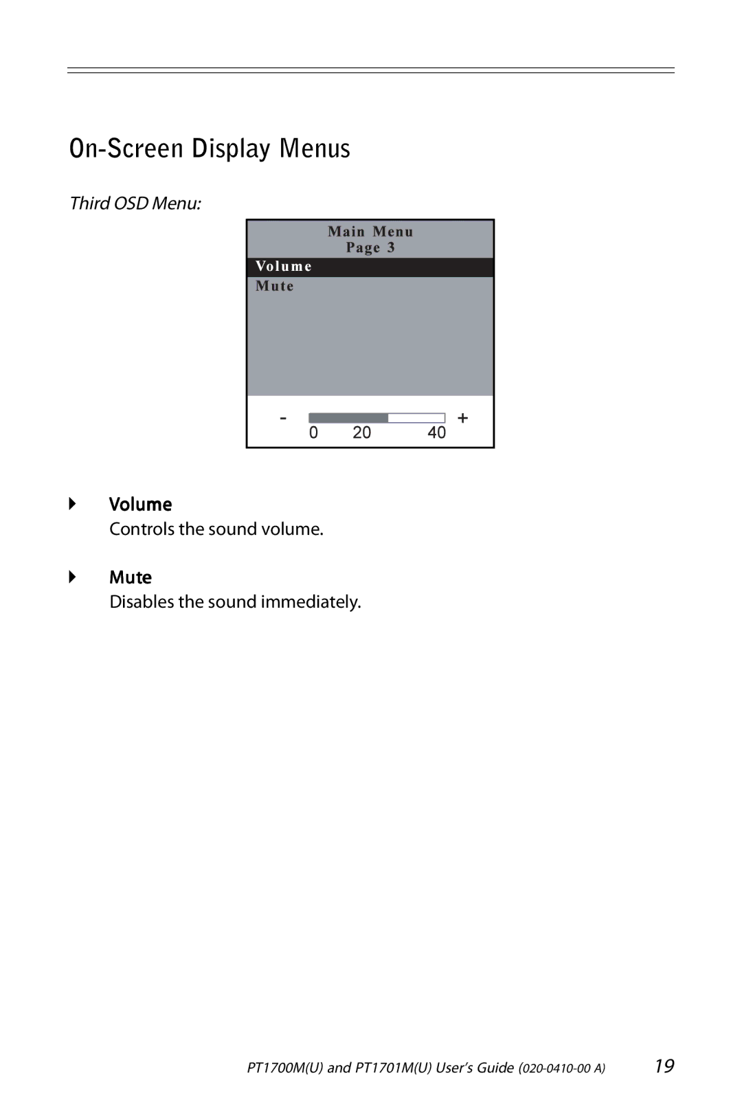 Planar PT1701M (U), PT1700M (U) manual ` Volume, ` Mute 