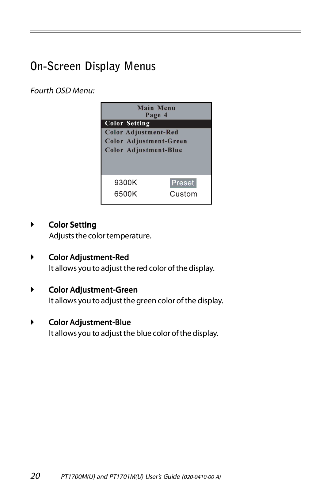 Planar PT1700M (U), PT1701M (U) ` Color Setting, ` Color Adjustment-Red, ` Color Adjustment-Green, ` Color Adjustment-Blue 