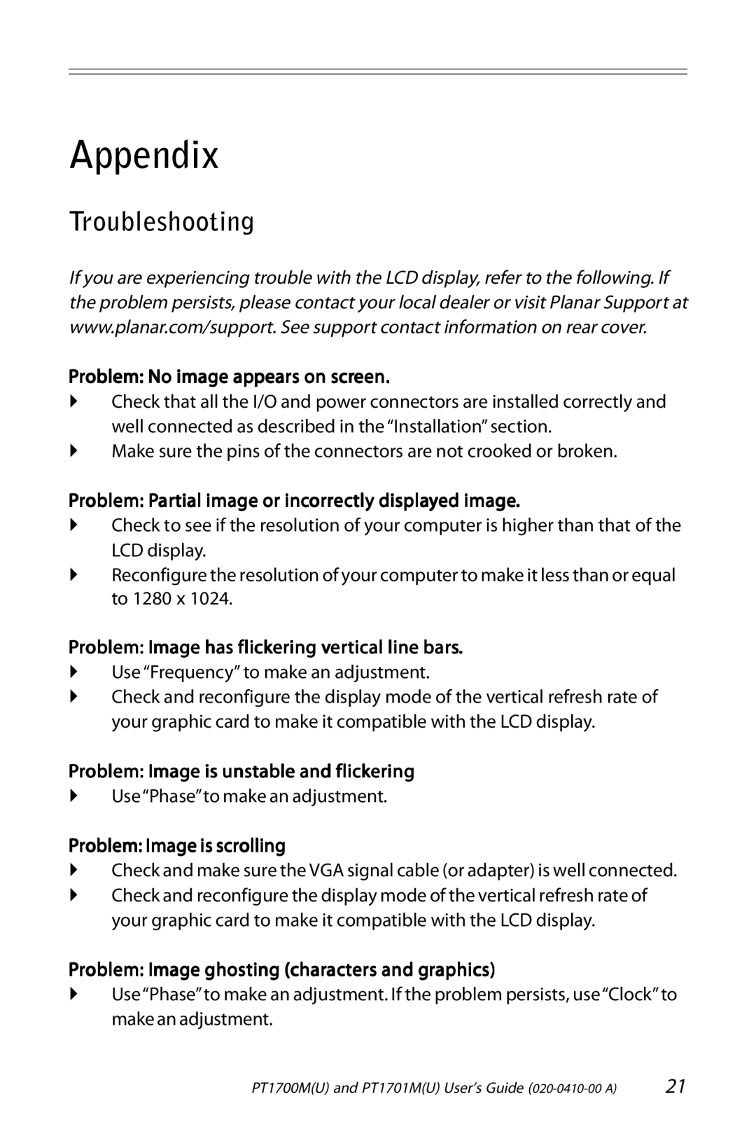 Planar PT1701M (U), PT1700M (U) manual Appendix, Troubleshooting 