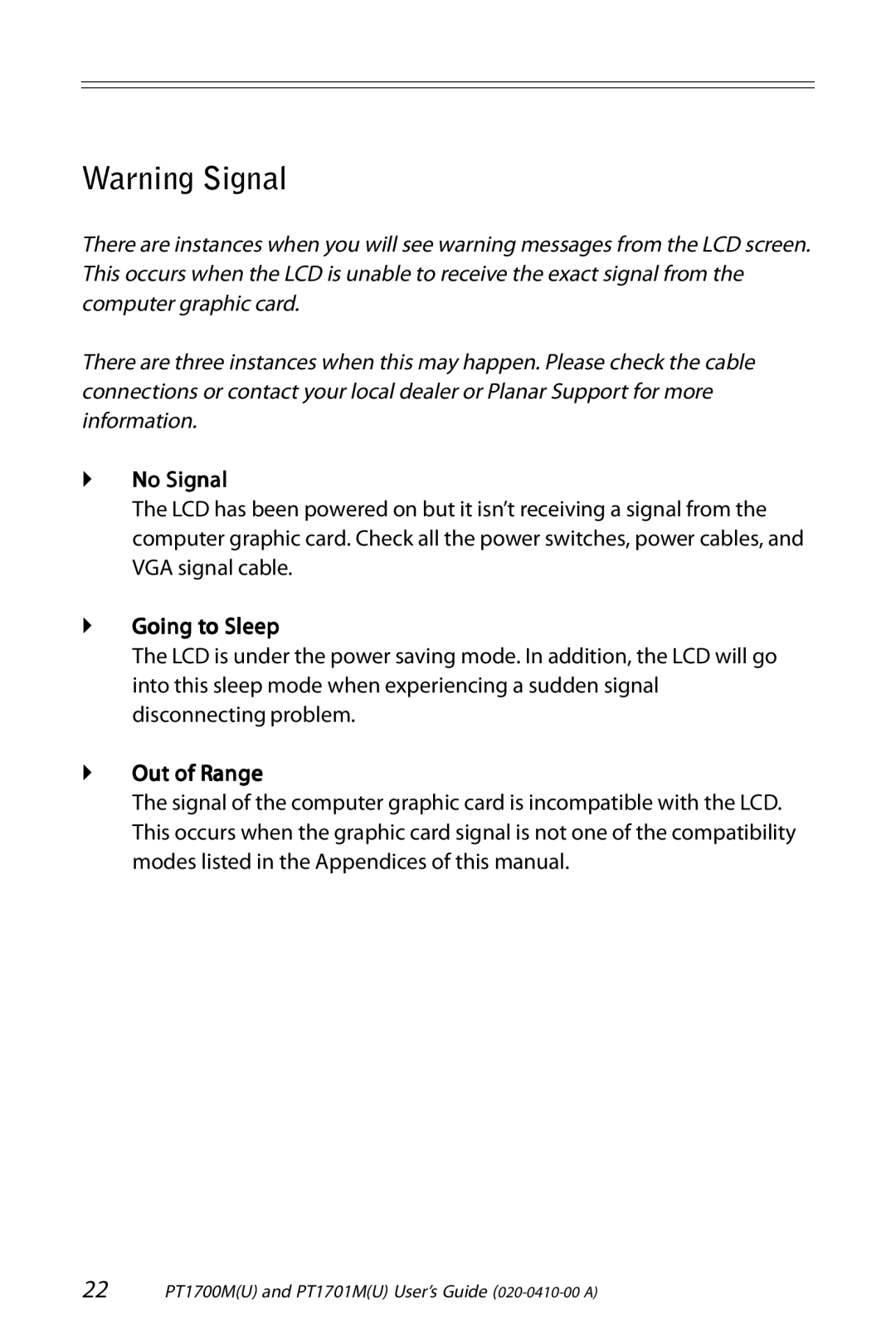 Planar PT1700M (U), PT1701M (U) manual ` No Signal, ` Going to Sleep, ` Out of Range 