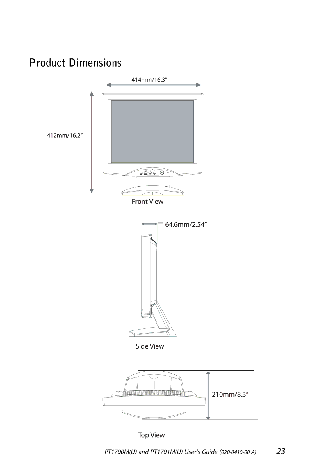 Planar PT1701M (U), PT1700M (U) manual Product Dimensions 