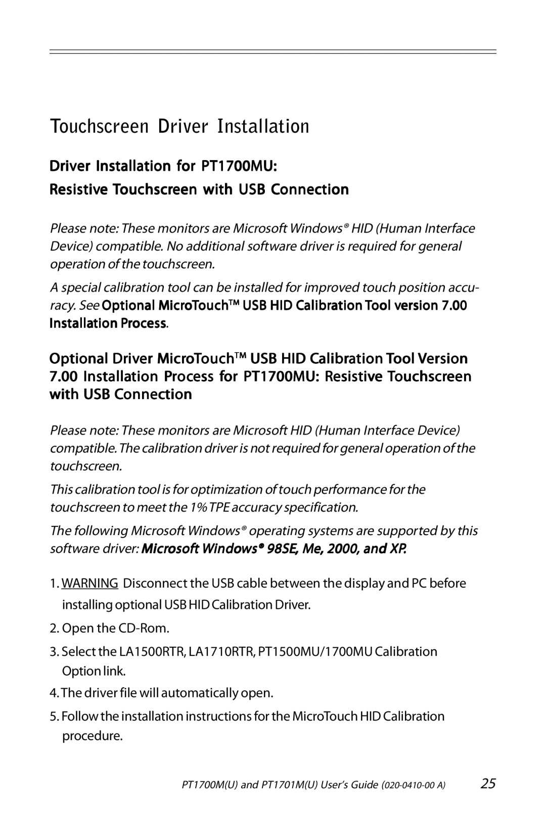 Planar PT1701M (U), PT1700M (U) manual Touchscreen Driver Installation, Installation Process 