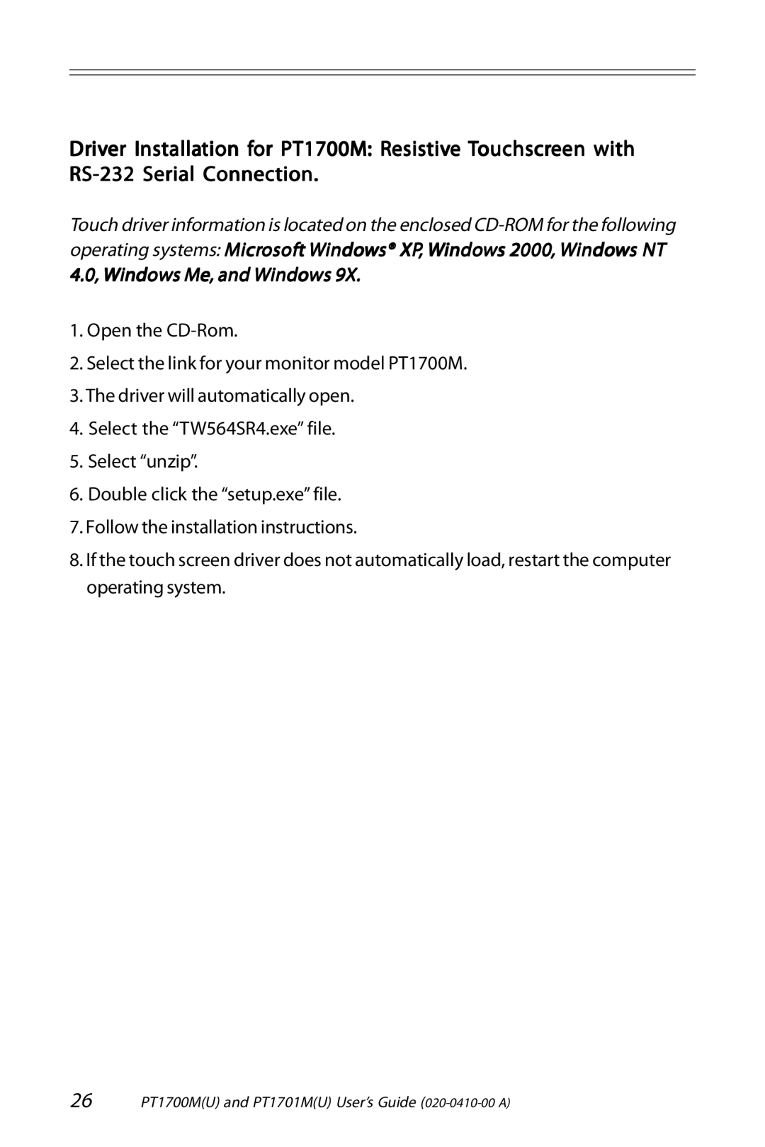 Planar PT1700M (U), PT1701M (U) manual 26 PT1700MU and PT1701MU User’s Guide 020-0410-00 a 