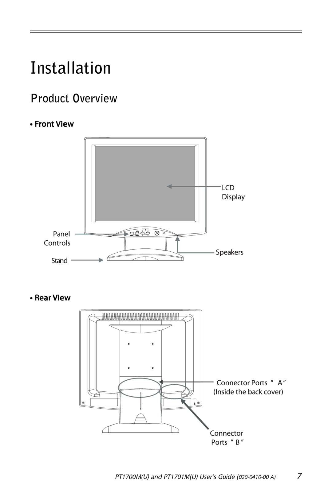 Planar PT1701M (U), PT1700M (U) manual Installation, Product Overview, Front View Rear View 