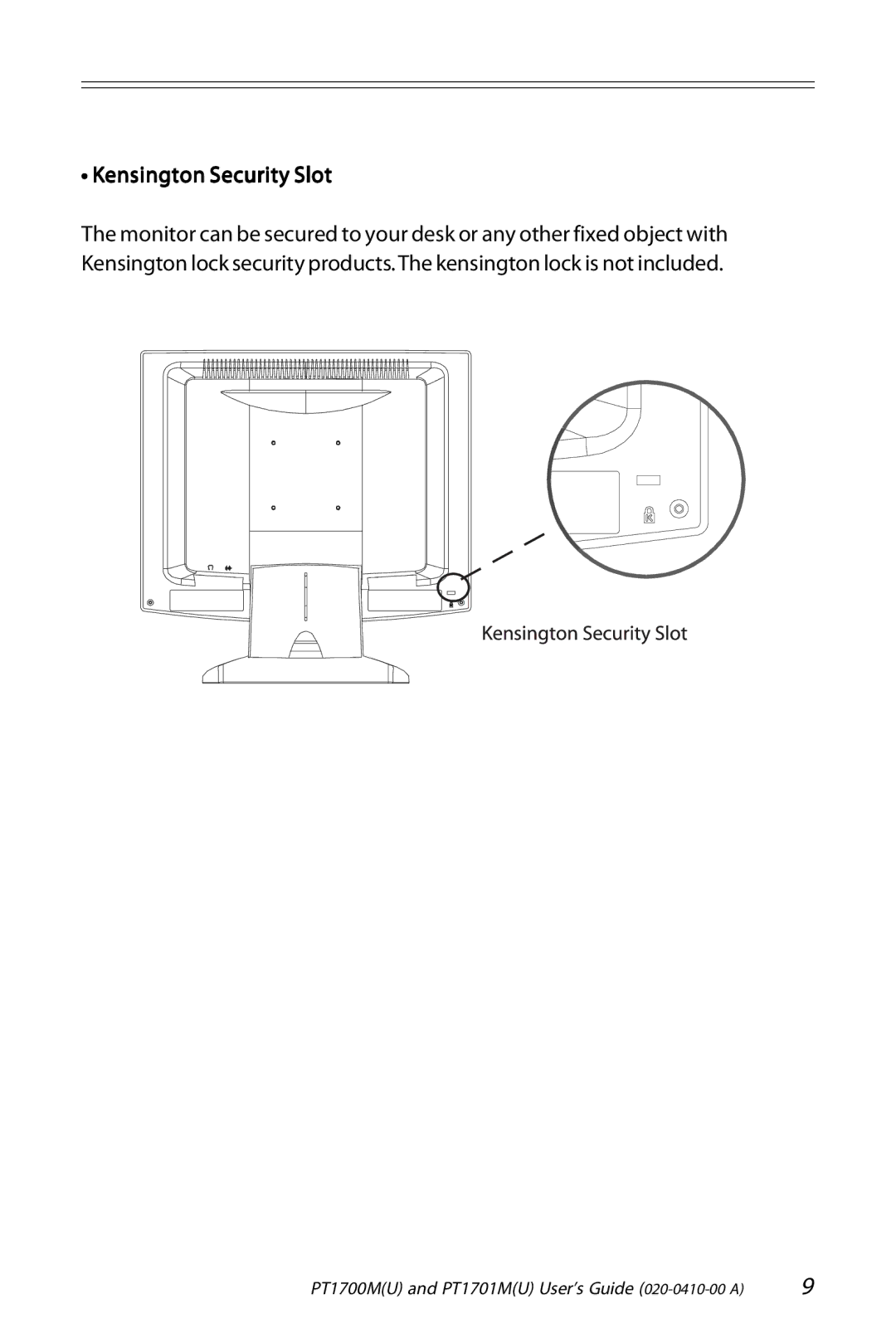 Planar PT1701M (U), PT1700M (U) manual Kensington Security Slot 