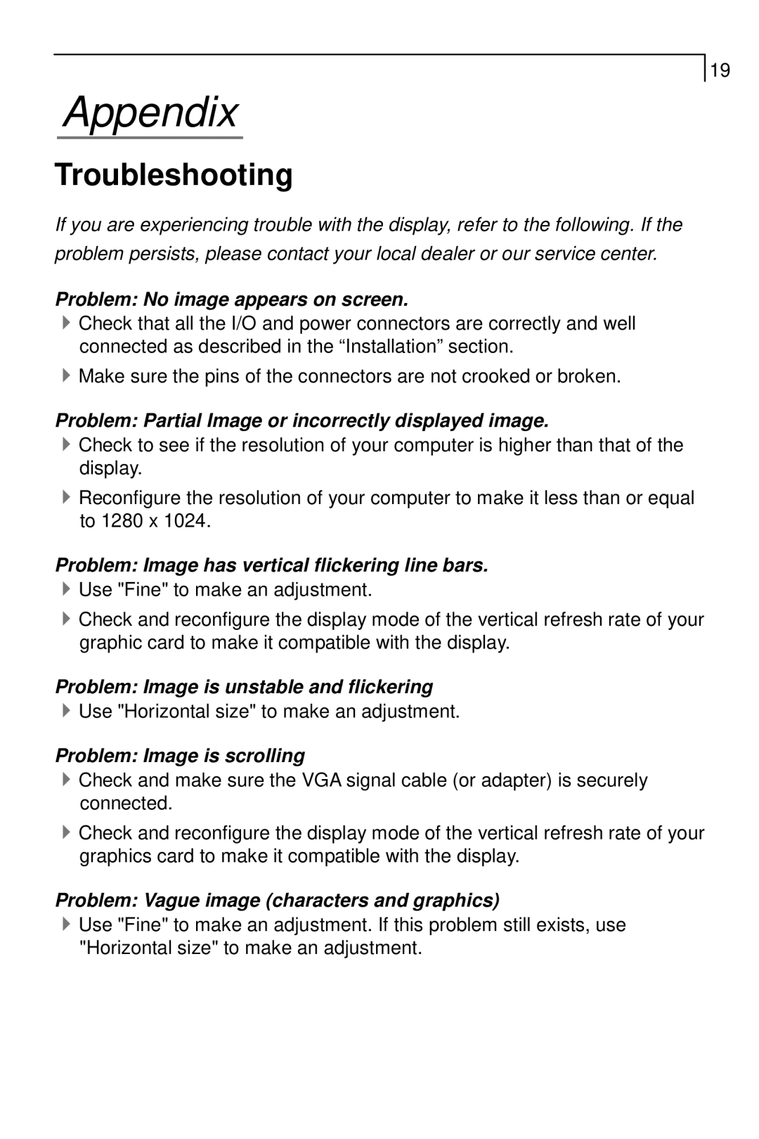 Planar PT1785P, PT1700MX manual Appendix, Troubleshooting 