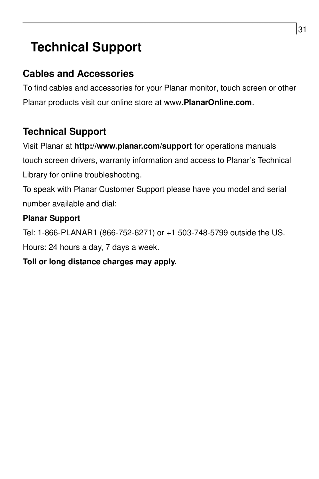 Planar PT1785P, PT1700MX manual Cables and Accessories Technical Support 